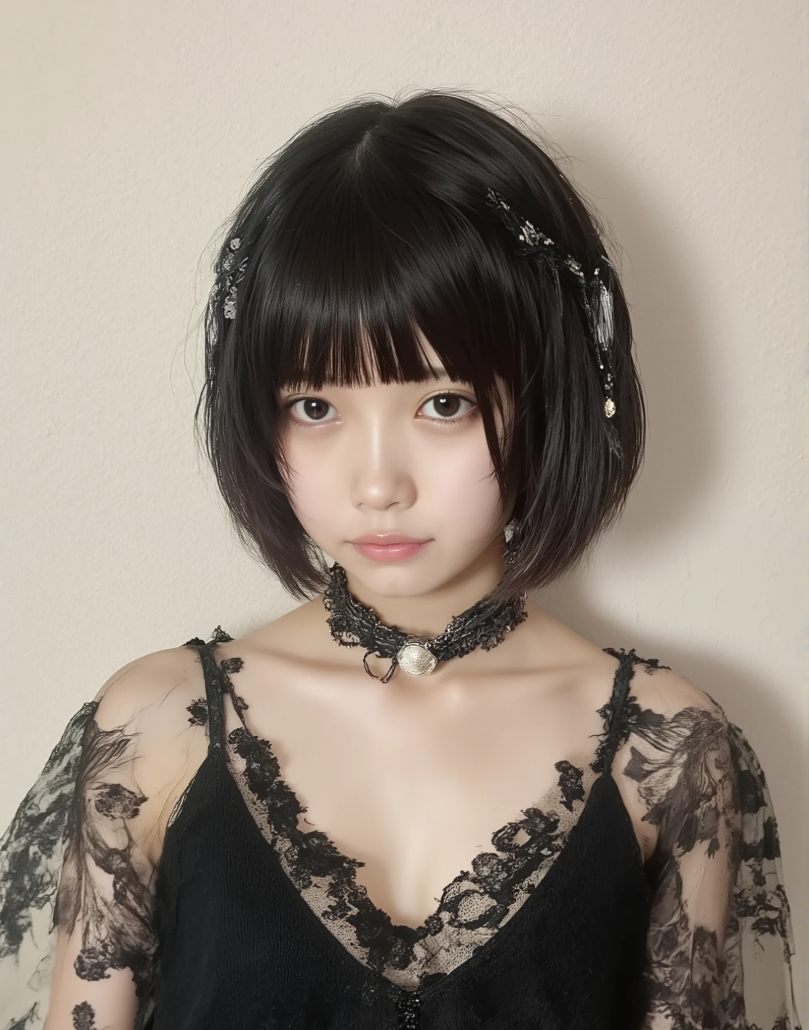 high image quality、masterpiece、Realistic、((Please make the correct human body configuration))、(((angle in front)))、 (((gothic lolita fashion)))、dark brown bob、((Background is pale coral pink))、Smile、(((angle in front)))、((blur background))、((eye closeup shot))、