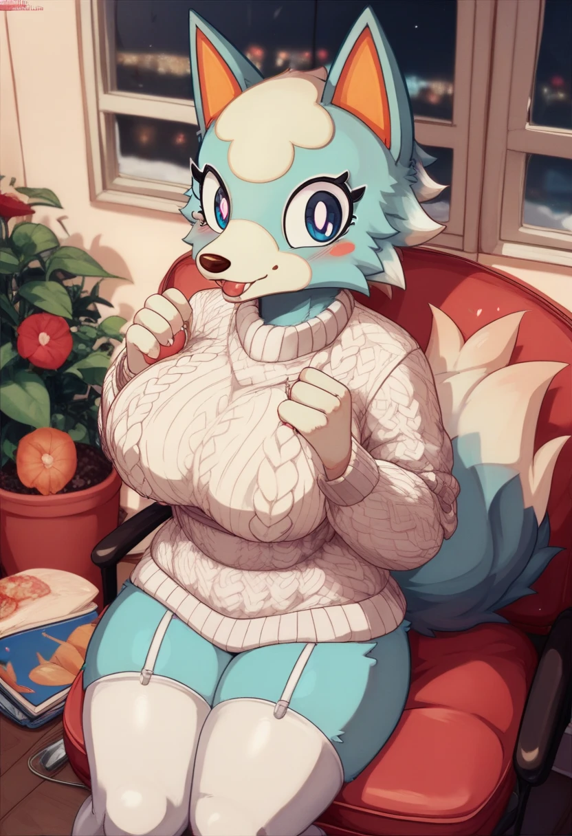 Deer girl, sexy, sensual, uploaded to E621, beautiful and detailed portrait of an anthropomorphic deer ((female))) uploaded to E621, ((by cyancapsule, by claweddrip, by dimwitdog, by Kilinah, by inkplasm)), light fur, spotted fur, freckles, fluff, antlers, lime green hair ((wavy hair)), green eyes, red turtleneck sweater,  killer sweater, mature, big breasts, thick thighs, teenager ((18years)), solo, bedroom, sitting on the bed, blush, embarrassed smile, long hair, full body, sitting on pillow,