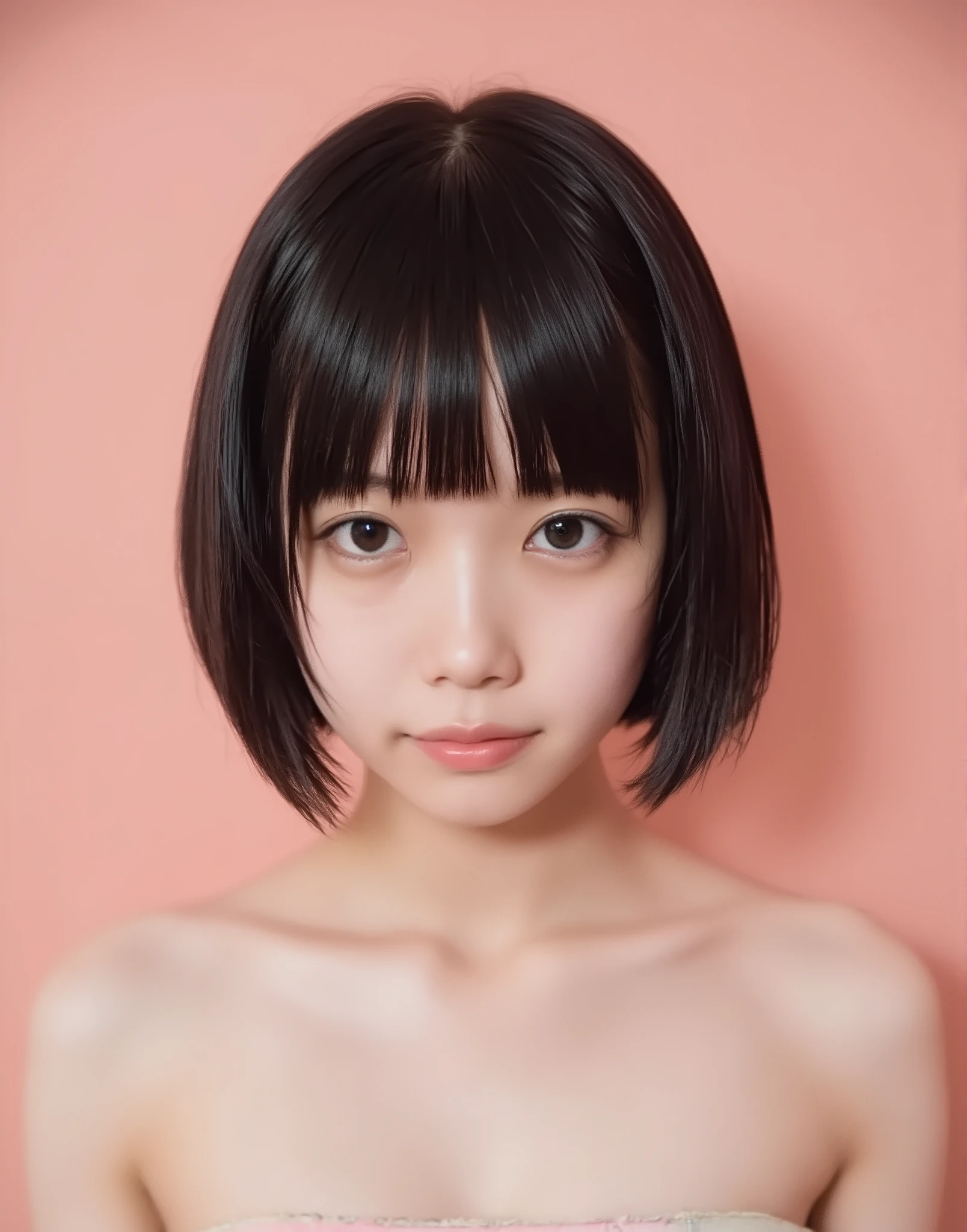 high image quality、masterpiece、Realistic、((please make the correct human body configuration))、(((angle in front)))、 (((gothic lolita fashion)))、Dark brown random bob、((Background is pale coral pink))、Smile、(((angle in front)))、((blur background))、((eye closeup shot))、face