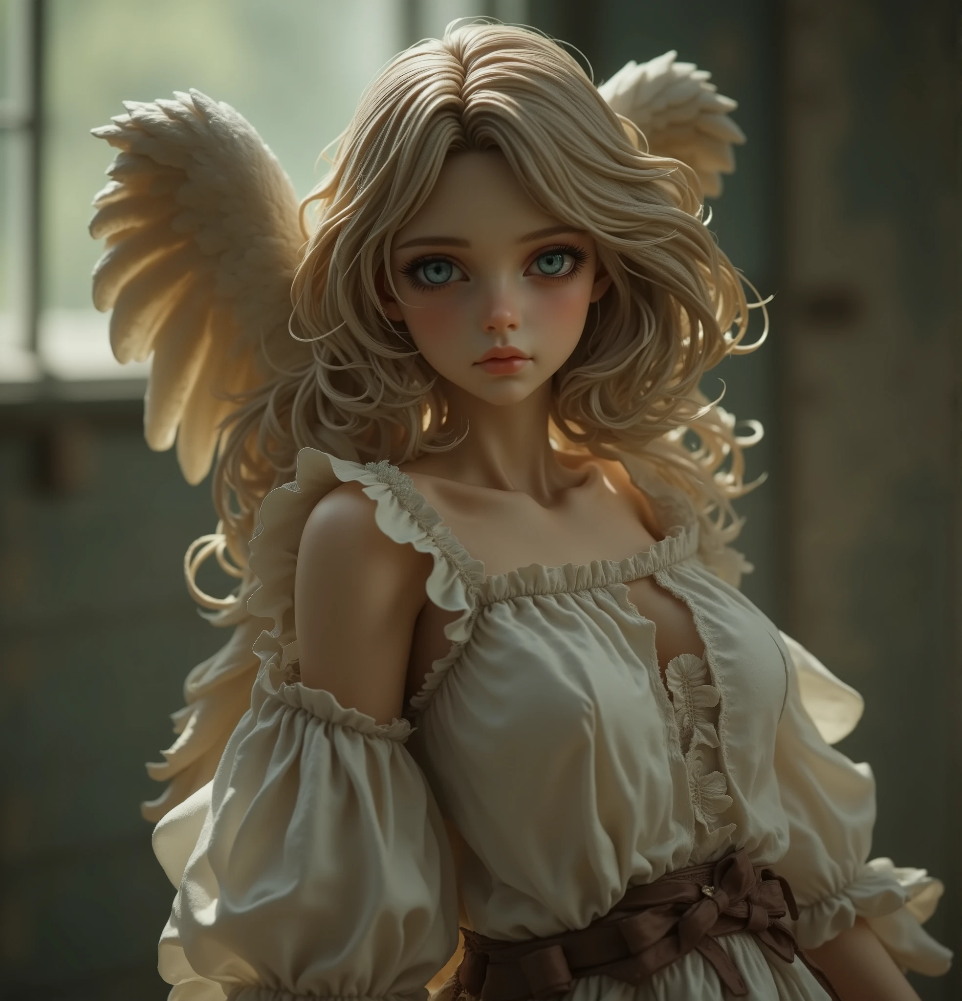 (Angel:1.1), (Dynamic angle:1.1), (full body:0.9), dark persona, (Dynamic pose:0.9), (small breasts:0.9), (Flabby belly:0.8), (Thick thighs:0.9), (Beautiful Face:1.1), (Blue green eyes:0.9), troubled eyebrows, (nose blush:0.9), Wearing a peasant dress, (NSFW:0.9), 3D, Miniatures, Nendoroid, In the Middle Ages, 8K, Masterpiece, Highest quality, Artistic photography, Photorealistic artwork, Highly detailed, Perfect rendered face, (Perfect anatomy:1.1), Perfect fingers, Bokeh, Indoors, (Windy day:1.1)																		