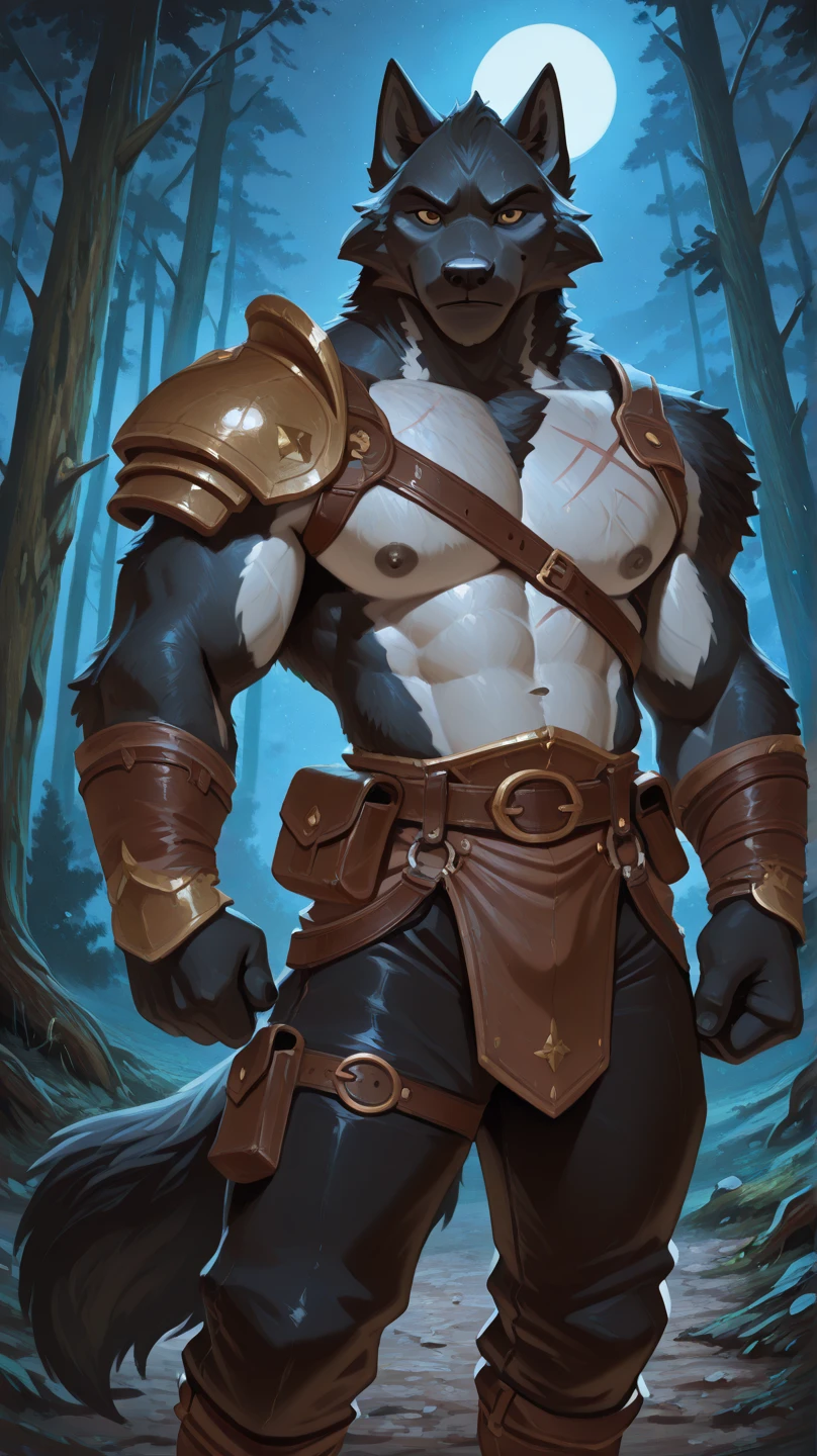 A muscular Minecraft wolf wearing a red pet collar with a gold tag and a wolf paw symbol, dressed in black , holding a diamond sword, covered in fur