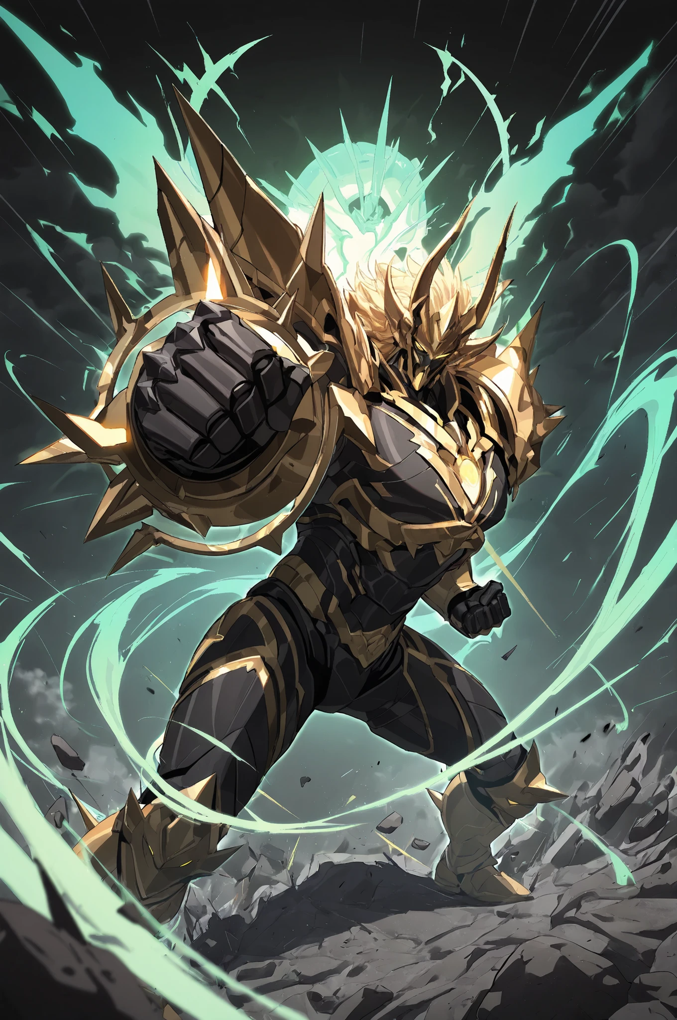 masterpiece, best quality,   zzBlckWrgrymn, solo, no humans, horns, armor, helmet, blonde hair, spikes, yellow eyes, 1boy, male focus, monster, claws, robot, shoulder pads, mask,  wings, dynamic pose,   incoming attack, foreshortening, dynamism, motions lines, green aura, serious, green plain, black sky, cloud, smashed ground, rocks floating, side view, muscular, glowing, muscular male, clenched hand, looking at viewer, glowing eyes, gold eyes,  <lora:BlackWargreymonDigimonIXL:1.0>,  <lora:DBSBroly_Style_IXL_v2:0.8> <lora:IckpotIXL_v1:0.6>,