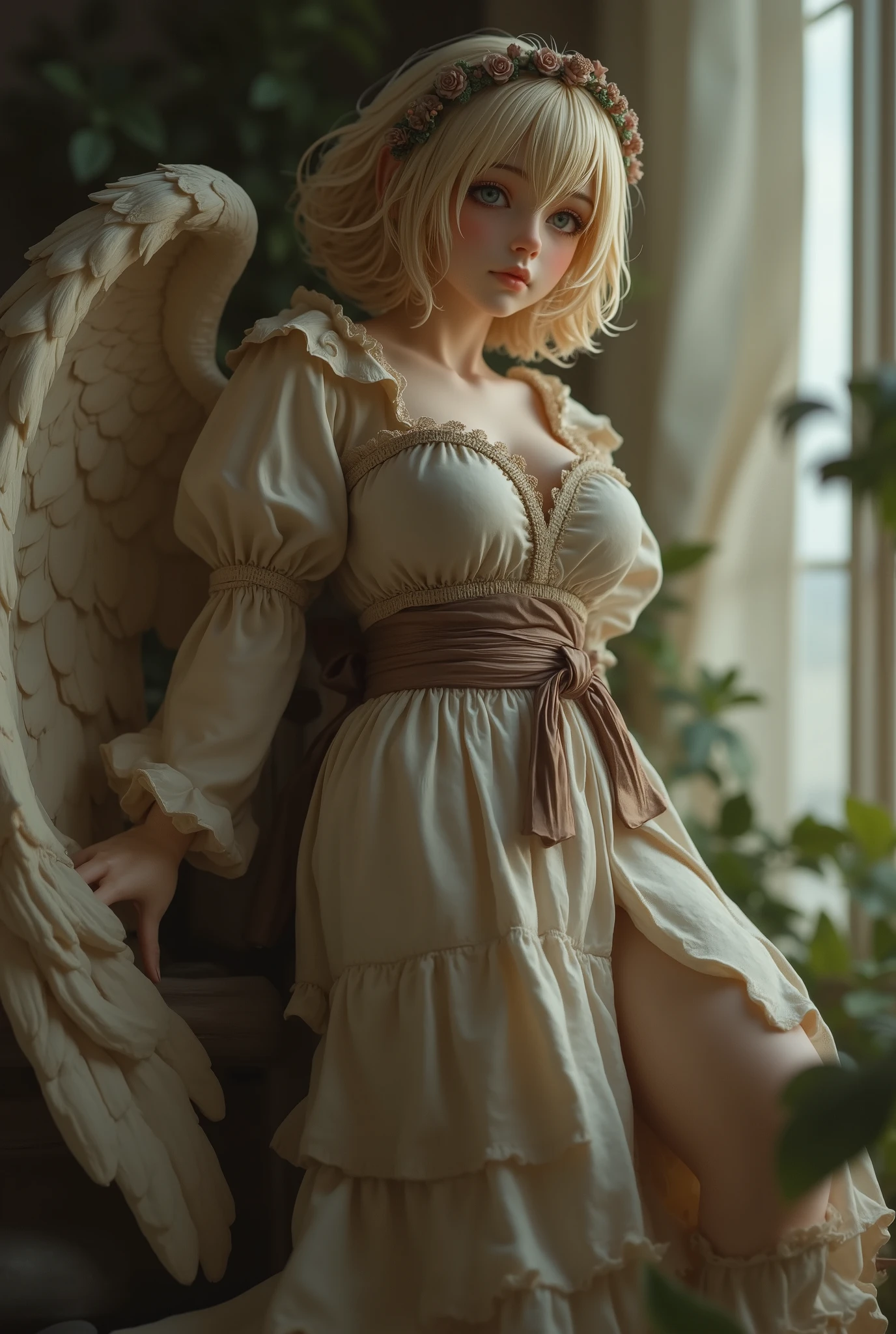 (Angel:1.1), (Dynamic angle:1.1), (full body:0.9), dark persona, (Dynamic pose:0.9), (small breasts:0.9), (Flabby belly:0.8), (Thick thighs:0.9), (Beautiful Face:1.1), (Blue green eyes:0.9), troubled eyebrows, (nose blush:0.9), Wearing a peasant dress, (NSFW:0.9), 3D, Miniatures, Nendoroid, In the Middle Ages, 8K, Masterpiece, Highest quality, Artistic photography, Photorealistic artwork, Highly detailed, Perfect rendered face, (Perfect anatomy:1.1), Perfect fingers, Bokeh, Indoors, (Windy day:1.1)																		