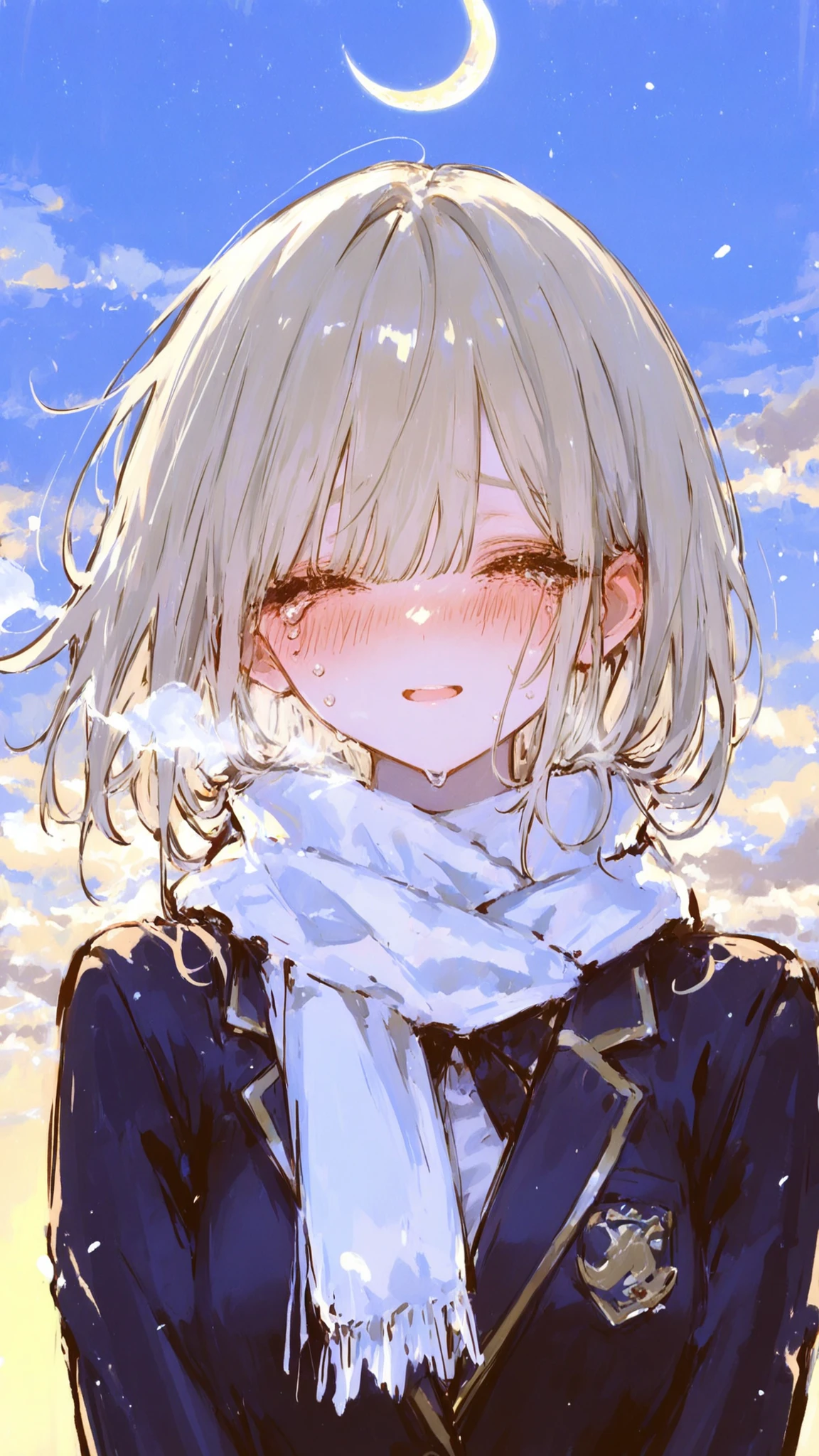 xxx667_illu,ma1ma1helmes_b_illu,sketch,glowing,xxx667_illu,ma1ma1helmes_b_illu,sketch,masterpiece, 最High Quality, High Quality, High Resolution,extreme aesthetic,details,超details,Fine,Thinning, (masterpiece:1.2, 最High Quality), (美しいdetailsな目:1.2), (very detailed and beautiful、looks beautiful even from a distance:1.1), (完璧なdetails:1.1),1 woman, blushing,dull blue sky,white breath,tearful woman,黒い髪,white crescent moon background,wind,white scarf,blazer,uniform,学校のuniform,sepia filter,