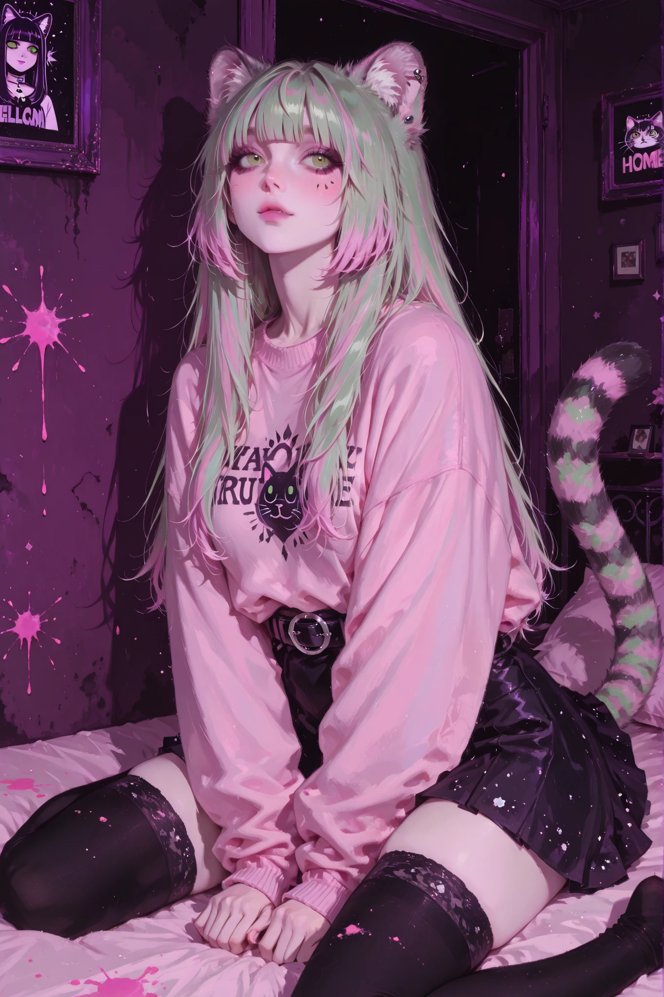 anime style, anime coloring, 8k, HDR, extremely detailed face and eyes, beautiful face and eyes, solo, beautiful, cool, masterpiece, top quality, great
quality, pose, background, highres, matte colouring, flat colouring, 1girl, young woman, dynamic hair, dynamic clothes, yellowish green eyes, fair hair, straight hair, long hair, oval face shape, round face, soft face features, glossy lips, pallas cat fangs, pallas cat ears, catgirl, manulgirl, pallas cat tail, front bangs, small ears, matte skin, matte, matte colouring, fair ears, cute, oversized pink sweater, black twirly skirt, black thigh highs, decorative_chains on stud belt, pastel goth, silver jewellery, a lot of jewellery, side angle, cute room, sitting on bed, pallascat plushies, pink plushies, dark walls, pink paint splashes on walls, adorable, cute face expression, home sweet home, comfy