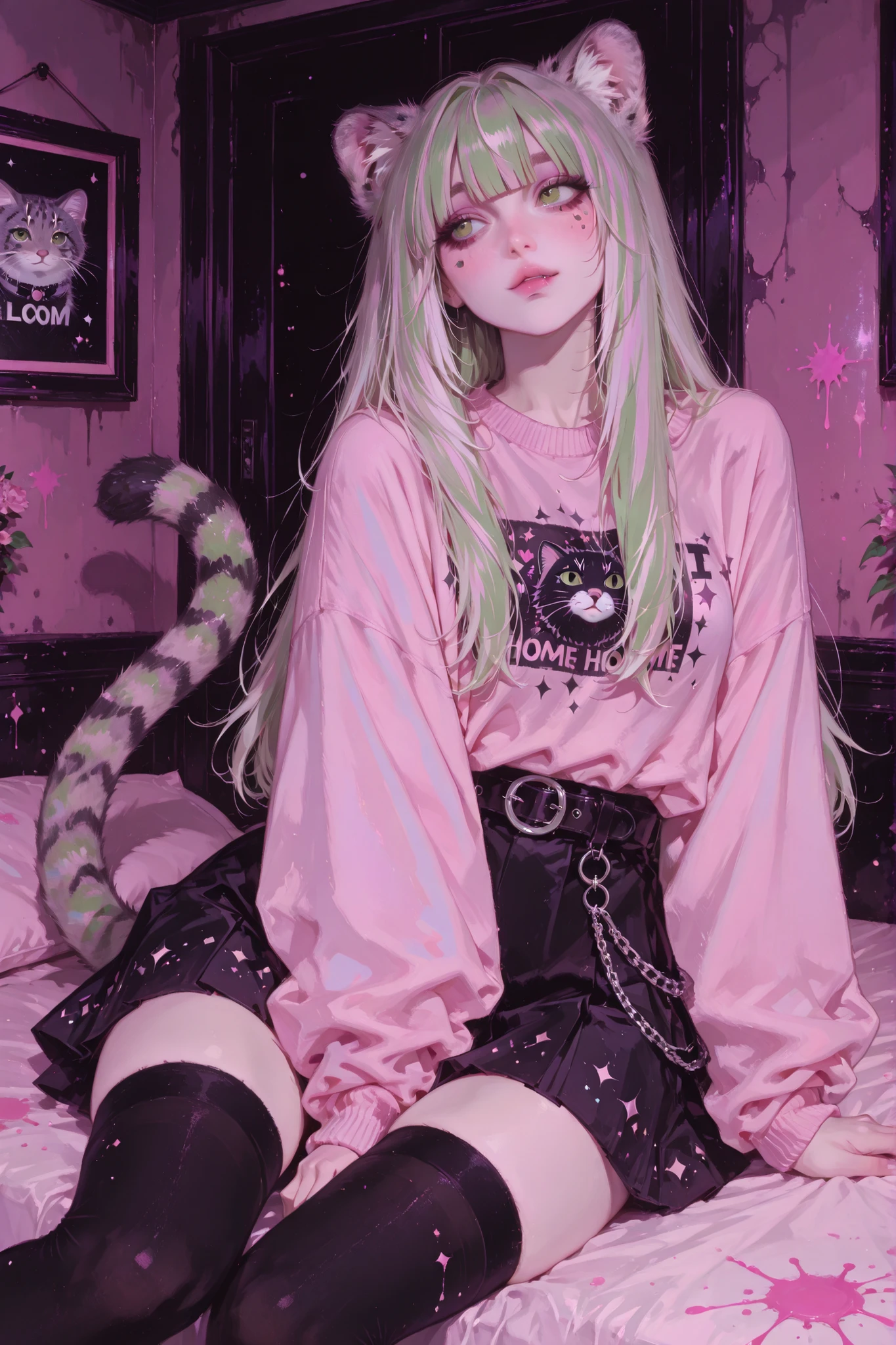 anime style, anime coloring, 8k, HDR, extremely detailed face and eyes, beautiful face and eyes, solo, beautiful, cool, masterpiece, top quality, great
quality, pose, background, highres, matte colouring, flat colouring, 1girl, young woman, dynamic hair, dynamic clothes, yellowish green eyes, fair hair, straight hair, long hair, oval face shape, round face, soft face features, glossy lips, pallas cat fangs, pallas cat ears, catgirl, manulgirl, pallas cat tail, front bangs, small ears, matte skin, matte, matte colouring, fair ears, cute, oversized pink sweater, black twirly skirt, black thigh highs, decorative_chains on stud belt, pastel goth, silver jewellery, a lot of jewellery, side angle, cute room, sitting on bed, pallascat plushies, pink plushies, dark walls, pink paint splashes on walls, adorable, cute face expression, home sweet home, comfy