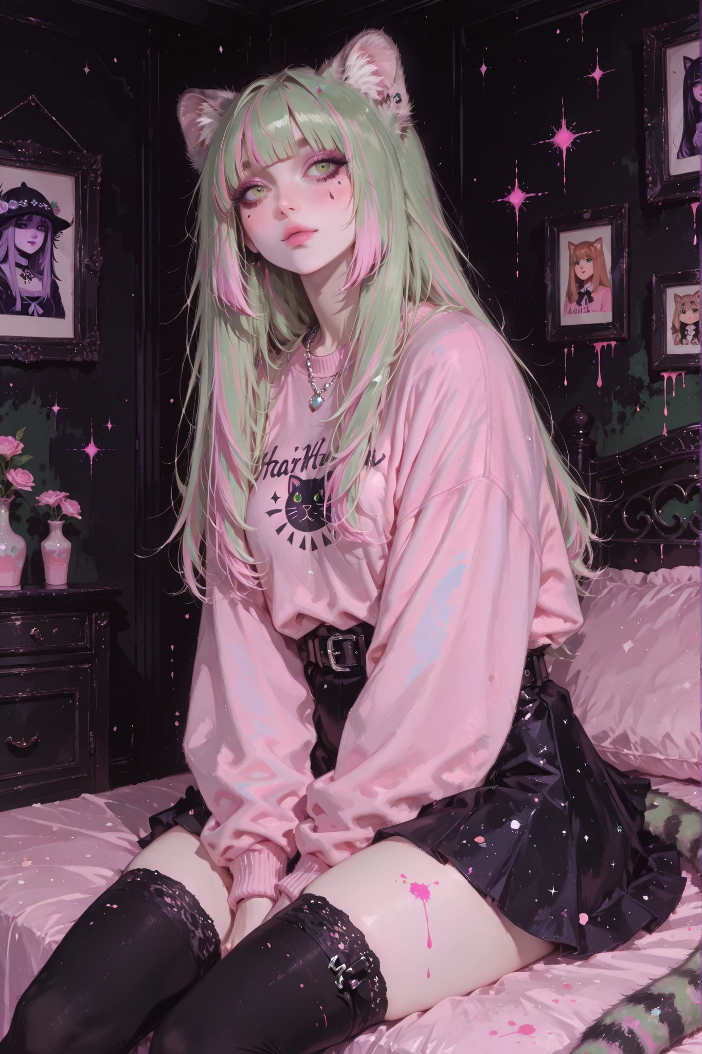 anime style, anime coloring, 8k, HDR, extremely detailed face and eyes, beautiful face and eyes, solo, beautiful, cool, masterpiece, top quality, great
quality, pose, background, highres, matte colouring, flat colouring, 1girl, young woman, dynamic hair, dynamic clothes, yellowish green eyes, fair hair, straight hair, long hair, oval face shape, round face, soft face features, glossy lips, pallas cat fangs, pallas cat ears, catgirl, manulgirl, pallas cat tail, front bangs, small ears, matte skin, matte, matte colouring, fair ears, cute, oversized pink sweater, black twirly skirt, black thigh highs, decorative_chains on stud belt, pastel goth, silver jewellery, a lot of jewellery, side angle, cute room, sitting on bed, pallascat plushies, pink plushies, dark walls, pink paint splashes on walls, adorable, cute face expression, home sweet home, comfy