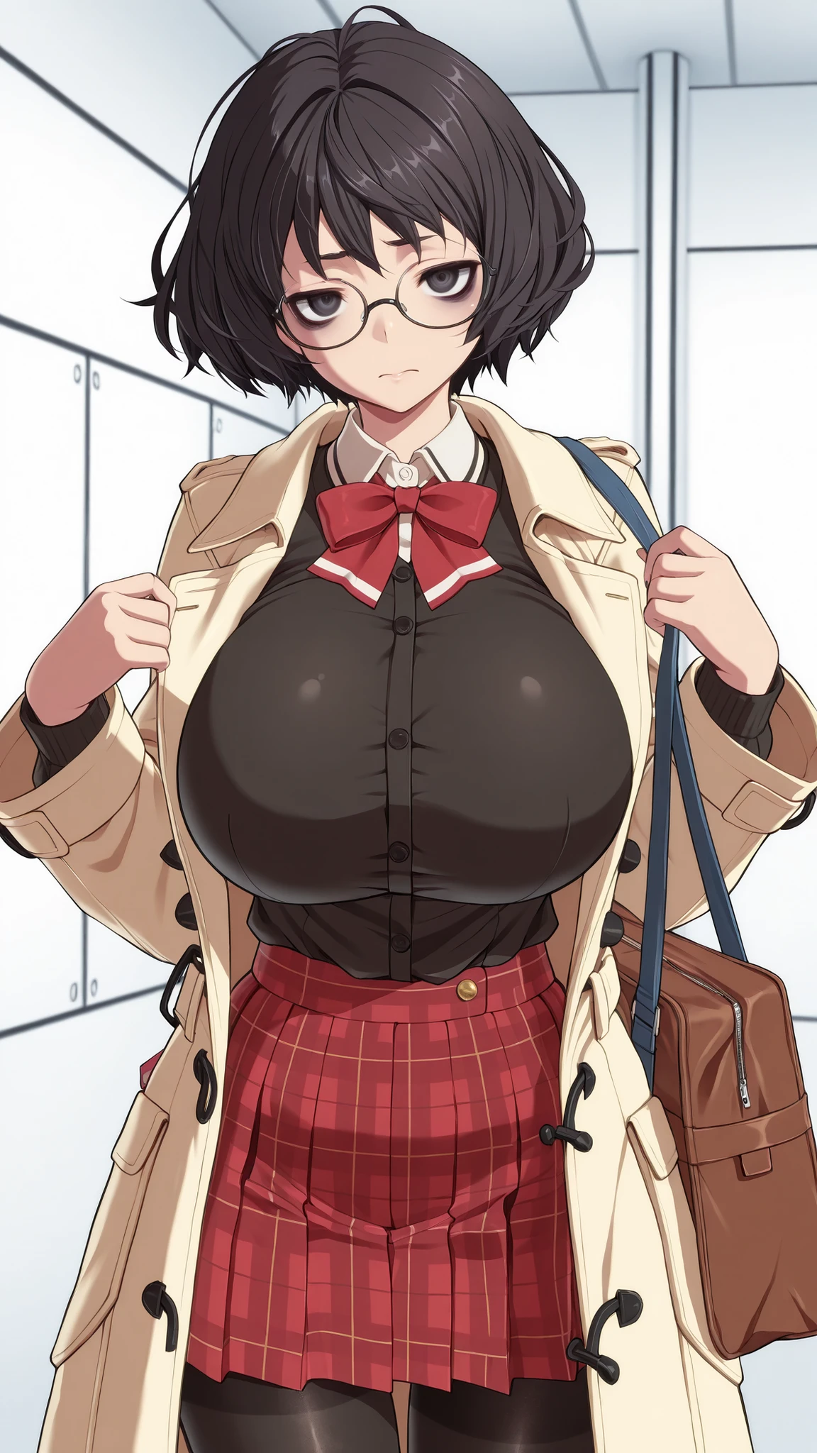 tinkle bell,gu1lty,dark eyes、The area under the eyes、glasses、((Beautiful girl、Female High School Student、Shoulder Bag、huge breasts:2.5、unkempt hair、short hair、brown mods coat、red plaid skirt、black tights、white room、dark haired)),High Quality,standing picture in meadow、1girl、solo、high image quality、anime style