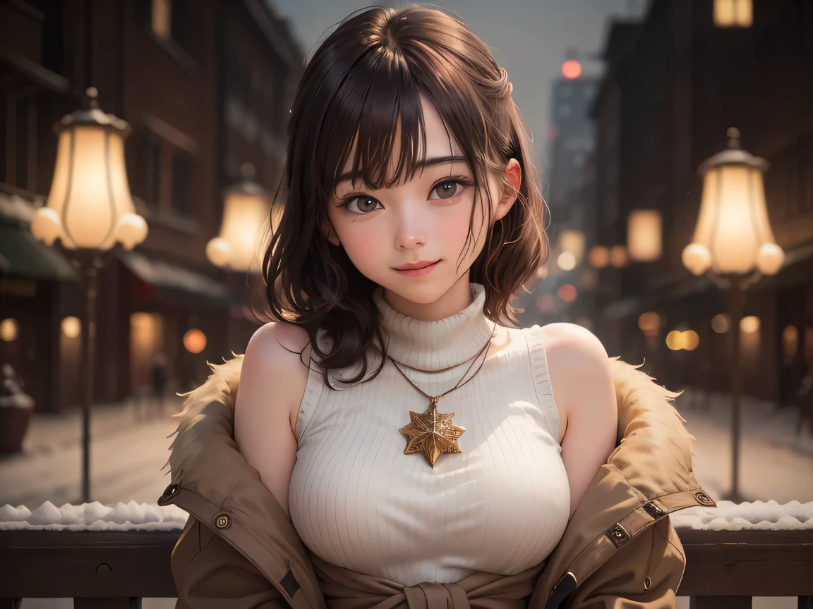 (masutepiece, top-quality、Very attractive adult beauty、Add intense highlights to the eyes、Look firmly at the camera、Beautiful woman full of adult charm),1girl in, 独奏, Light brown shiny hair, muffler,Santa Claus hat,realisitic, looking at the viewers, Bright colored crystal light blue eyes, short shiny hair, Santa Claus's coat, Santa Claus costume in a turtleneck,Sexy outfit with a round hole in the center of the chest、 s lips, lipgloss，bangss, The upper part of the body、big eye、Lashes、The face is a little red、Embarrassing)、((Road system in Italy in winter))、((Shorthair with bangs、big eye、Put very strong highlights in your students、{Gigantic|Big|Huge|Mega} breasts、very Bigger breasts、gazing at viewer、Very beautiful beauty、Put your ears out、long neck、little smiling、Beautiful teeth、Open your mouth and smile))、28 year old、Very cute supermodel、