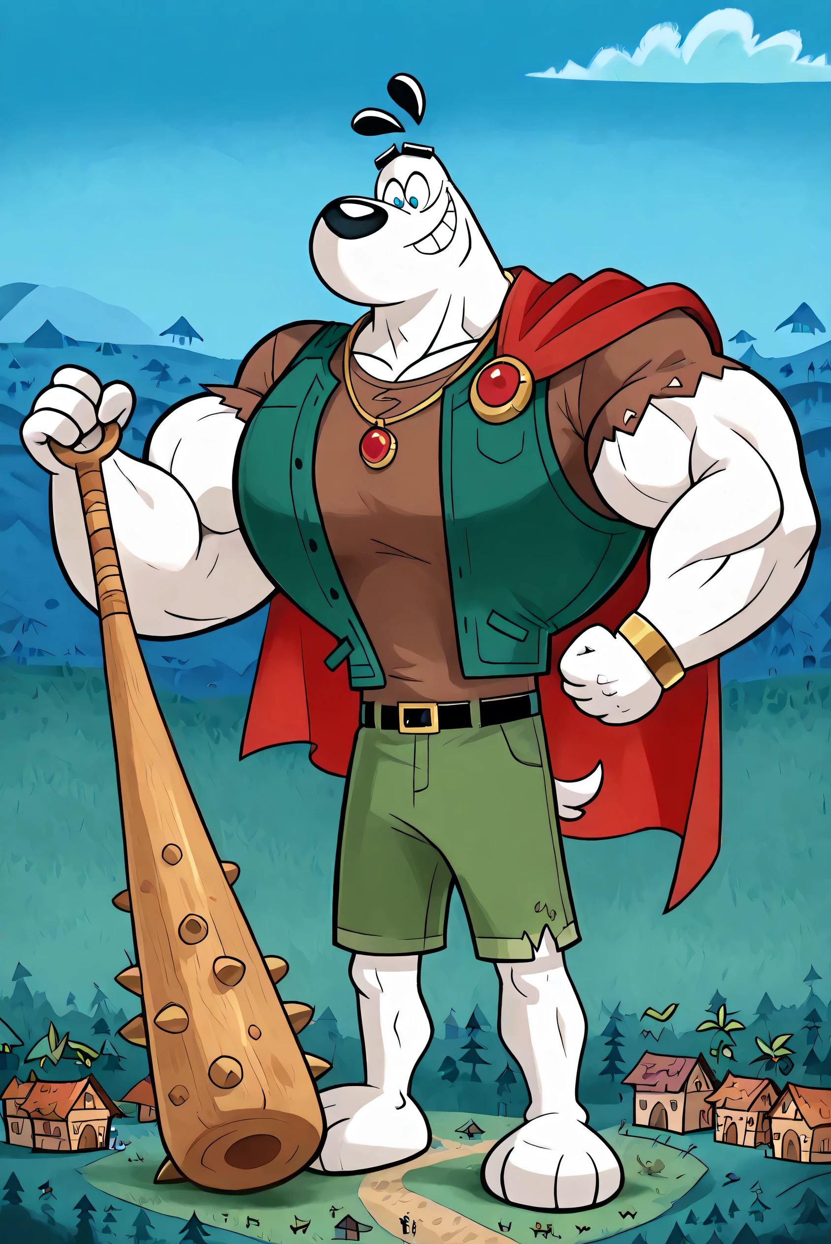 A Giant muscular dudley puppy (T.U.F.F Puppy), white dog, cartoon 2d style, giant, macro size, full body, muscular body, village and forest background, Masterpiece, best quality, high quality, detailed, Dudley Puppy, male, solo male, 1boy, broad shoulders, mature male, blue eyes, athletic build, muscular male, black ears, black eyebrows, animal ears, white body, big eyebrows, ripped dark brown shirt, ripped dark green vest, round snout, full body, ripped green shorts, black belt with gold jewels and keys, golden necklace with a red jewel, bigger golden bracelets with jewels, wearing a very long red cape, big feets, ripped brown boots, outdoors, looking down, smiling, macro size, 50 foot size, giant, holding a spiked bat, blue sky background, beanstalk plant in the clouds, village and forest background, fairytale fantasy scene.