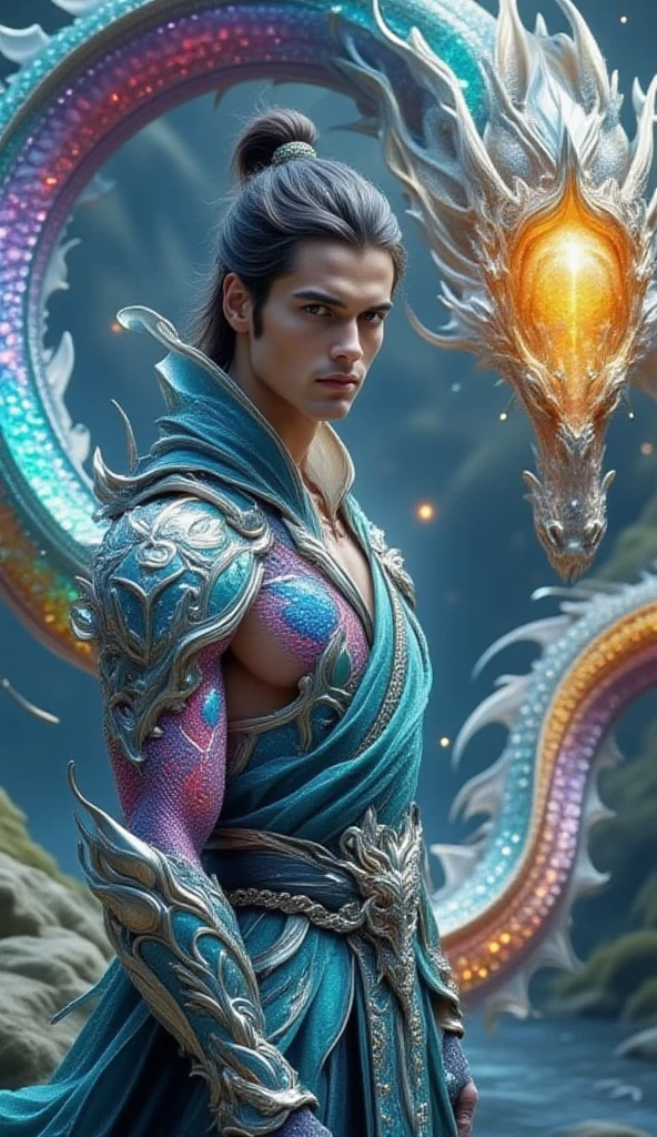 21 years old male top  white skin brown hair muscular mortal kombat karetker with icy waist wrapped around his body big realistic wild blue big ice dragon is around icy mountain blue lightning red full moon red get a realistic picture front and close up