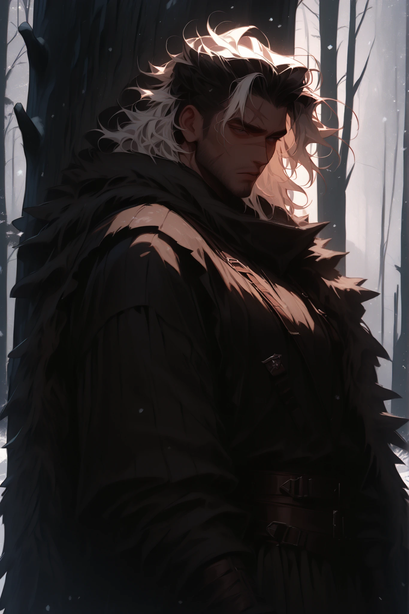 anime style, anime coloring, 8k, HDR, extremely detailed face and eyes, beautiful face and eyes, solo, beautiful, cool, masterpiece, top quality, great quality, dynamic pose, flat colours, background, highres, matte colouring, matte colours, saturated colours, matte skin, 1boy, 1man, man around 47 years, messy hair, dark hair with white streaks, dark eyes, tired face expression, scars on face, simple practical clothing, broad shoulders, athletic build, masculine, facial hair, fantasy setting, medieval hunter outfit, forest background, leaning on the tree, hunter, lives in forest, pelts on clothes, early winter, a little bit of snow, handsome man, cool man
