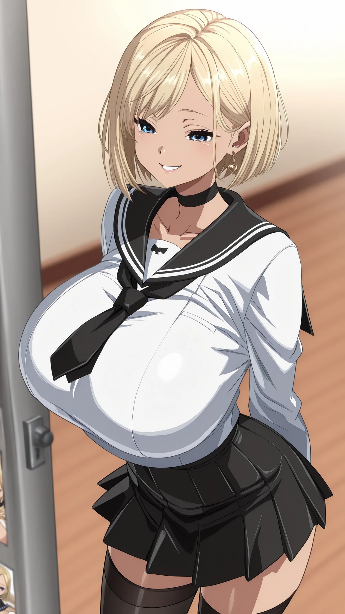 blue eyes、((Beautiful girl、Female High School Student、huge breasts:2.5、Blonde、short hair、gyaru、disoriented sailor suit、black skirt、black stockings、Brown、Smile Yan、1girl、solo)),High Quality,standing picture in meadow、high image quality、anime style