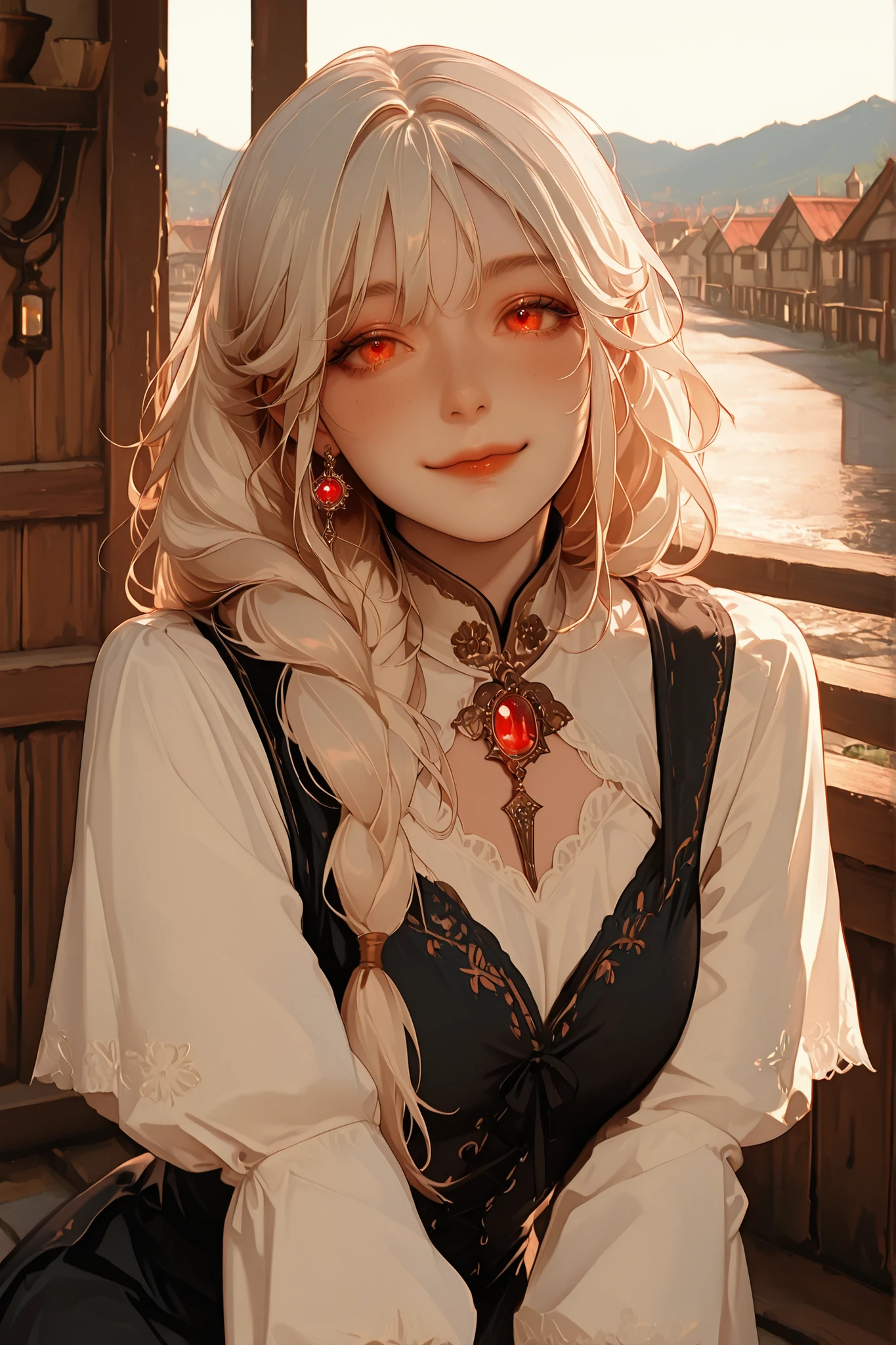 anime style, anime coloring, 8k, HDR, extremely detailed face and eyes, beautiful face and eyes, solo, beautiful, cool, masterpiece, top quality, great
quality, pose,
background, highres, 1girl, young woman, fair hair, long hair, 1braid, loose braid, brownish red eyes, smile, simple dress, village girl, vintage dress, dark dress, medieval dress, red gem pendant, blackened metal pendant, modest dress, covered cleavage