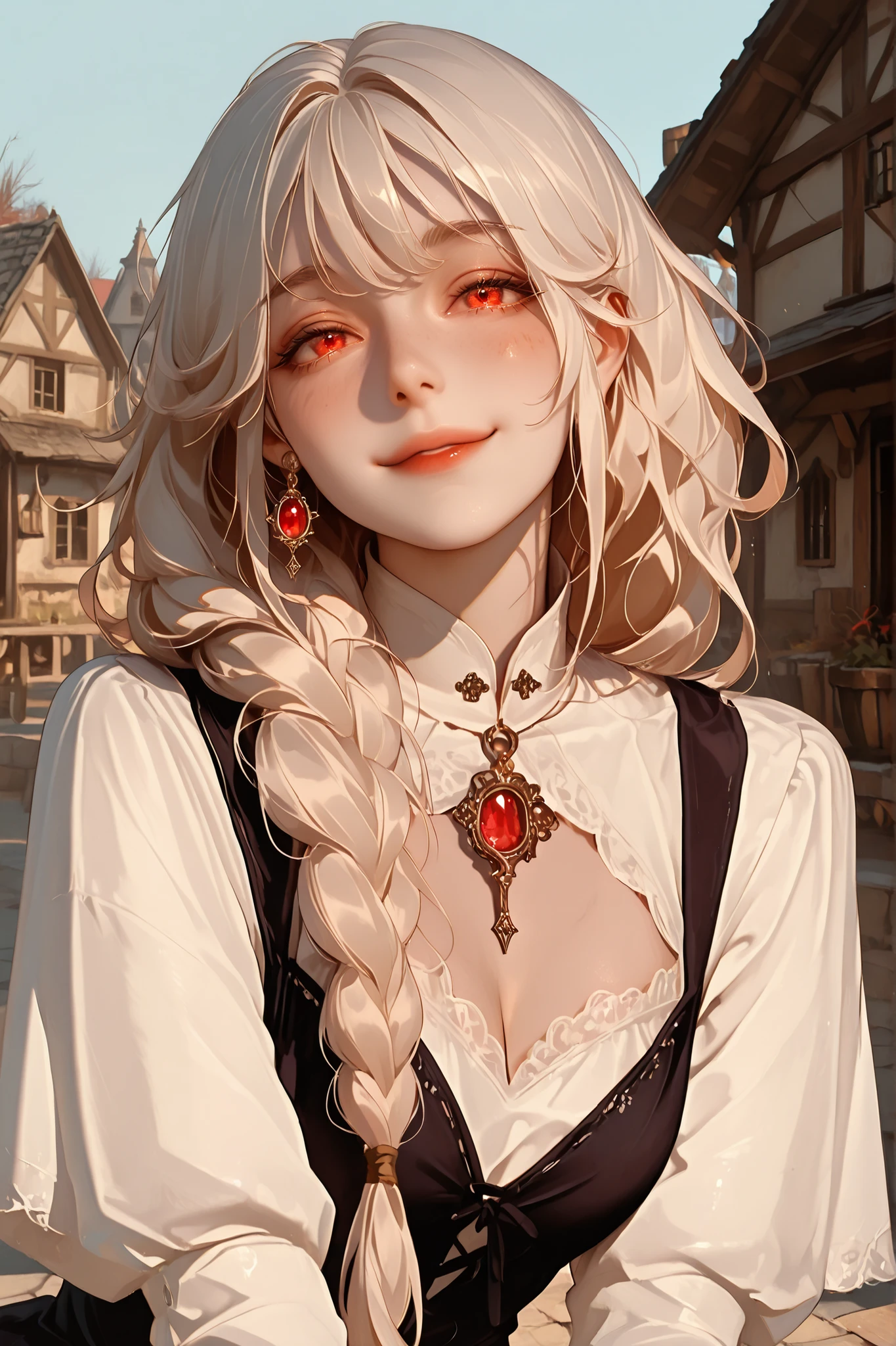 anime style, anime coloring, 8k, HDR, extremely detailed face and eyes, beautiful face and eyes, solo, beautiful, cool, masterpiece, top quality, great
quality, pose,
background, highres, 1girl, young woman, fair hair, long hair, 1braid, loose braid, brownish red eyes, smile, simple dress, village girl, vintage dress, dark dress, medieval dress, red gem pendant, blackened metal pendant, modest dress, covered cleavage