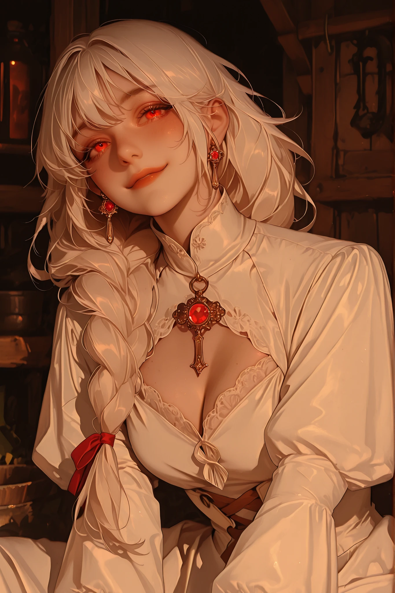 anime style, anime coloring, 8k, HDR, extremely detailed face and eyes, beautiful face and eyes, solo, beautiful, cool, masterpiece, top quality, great
quality, pose,
background, highres, 1girl, young woman, fair hair, long hair, 1braid, loose braid, brownish red eyes, smile, simple dress, village girl, vintage dress, medieval dress, red gem pendant, blackened metal pendant, modest dress, covered cleavage