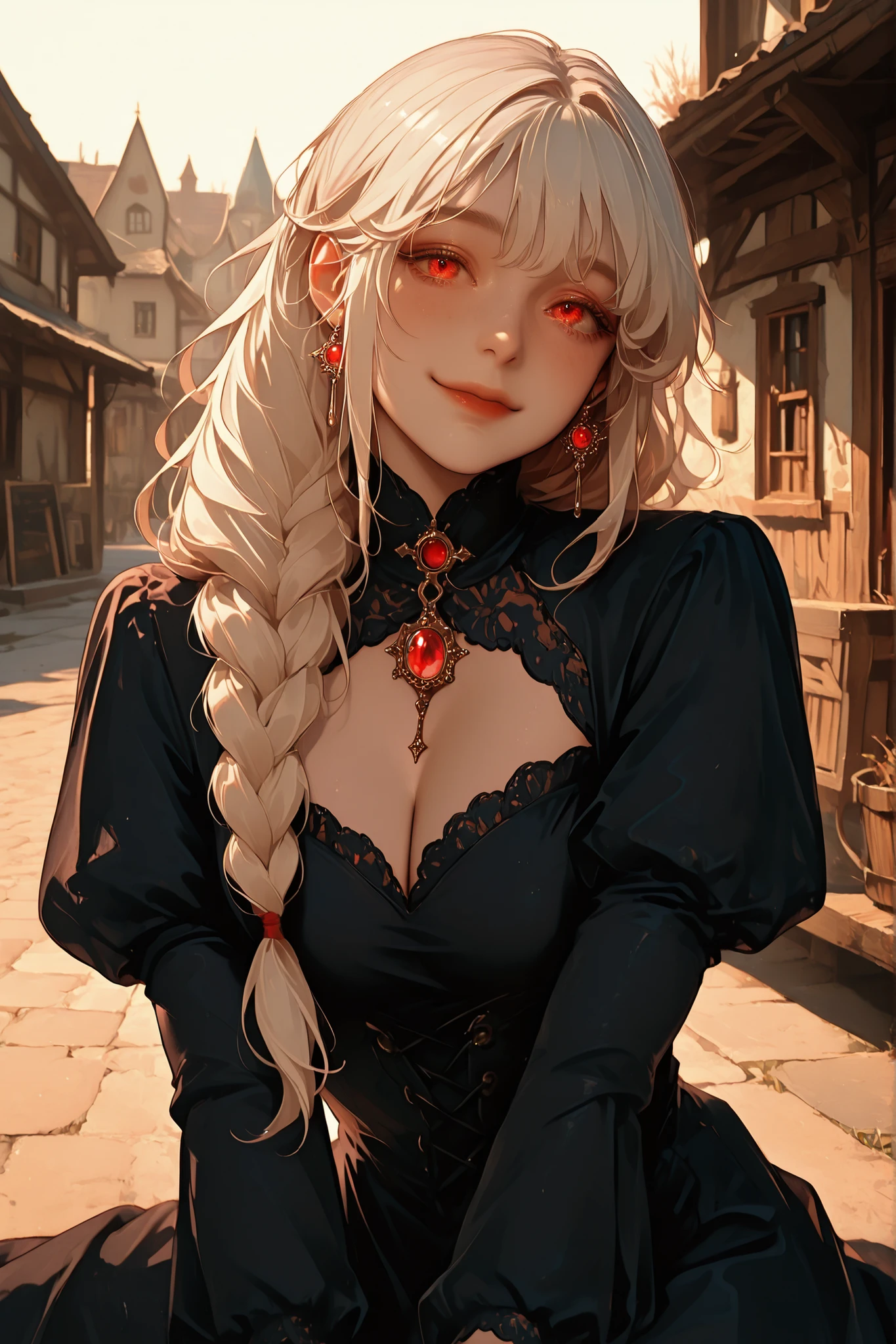 anime style, anime coloring, 8k, HDR, extremely detailed face and eyes, beautiful face and eyes, solo, beautiful, cool, masterpiece, top quality, great
quality, pose,
background, highres, 1girl, young woman, fair hair, long hair, 1braid, loose braid, brownish red eyes, smile, simple dress, village girl, vintage dress, dark dress, medieval dress, red gem pendant, blackened metal pendant, modest dress, covered cleavage