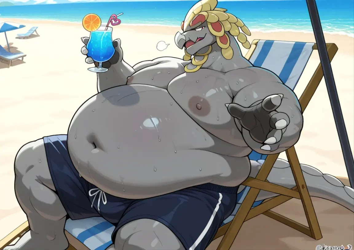 Anthro dragon with red fur and a beige underbelly, white mane, very big and thick white beard, old, chest hair, orange eyes, black horns and claws, large, not muscular, overweight, chubby, fat, navel, big belly, belly, giant belly, bloated belly, bulging belly, vore, gurgling belly, digesting, green gurgle lines around belly. Lazy, dad, daddy, dilf, bara, adult, aroused. Standing up, holding belly, smirking, showing off gut. Wearing Hawaiian shirt, black underwear with bulge, glasses, dragon tail. Sunset, beach, tropical, bar.