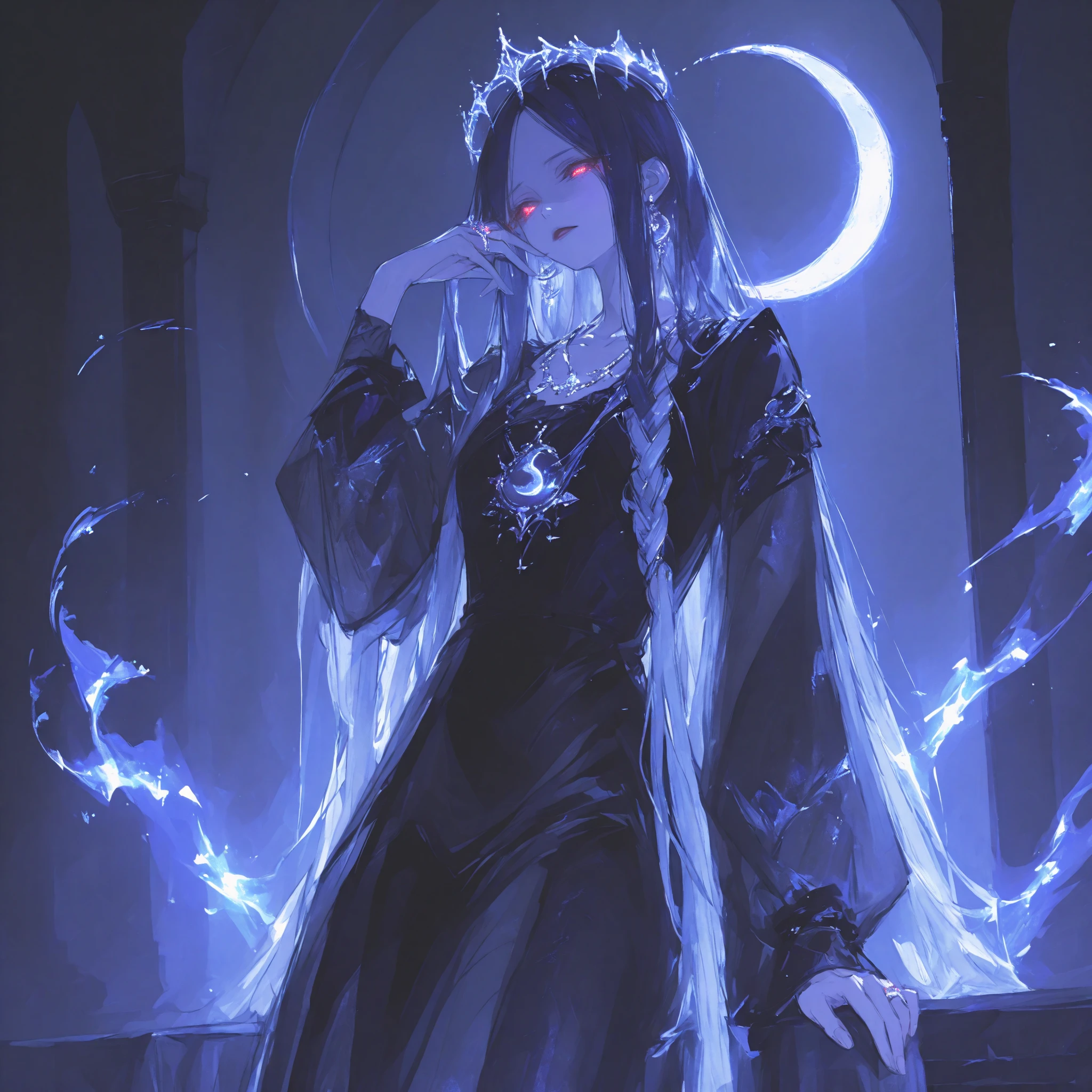 anime style, anime coloring, 8k, HDR, extremely detailed face and eyes, beautiful face and eyes, Glowing_Lights, glowing_light, glowing, glowing_effect, particles, light_particles, light_reflection, solo, moonlight eyes, solemn face expression, deep blue hair, dark hair, very long hair, beautiful, cool, dark goddes, goddess of night, gothic outfit, crescent moon crown, crescent moon halo, moonlight, long black dress, eastern dress, sheer fabric, dark magic aura, elegant long hair, dark fantasy aesthetic, glowing eyes, dramatic lighting, highres, mysterious atmosphere, masterpiece, top quality, dark gothic, great quality, CHARACTER FOCUS, pose, backlight, one side light, with Blue Neon Lights, black, background, centralasia, silver jewelry, long sleeves, dress, ring, earrings, necklace, loose braid, makeup, moon goddess