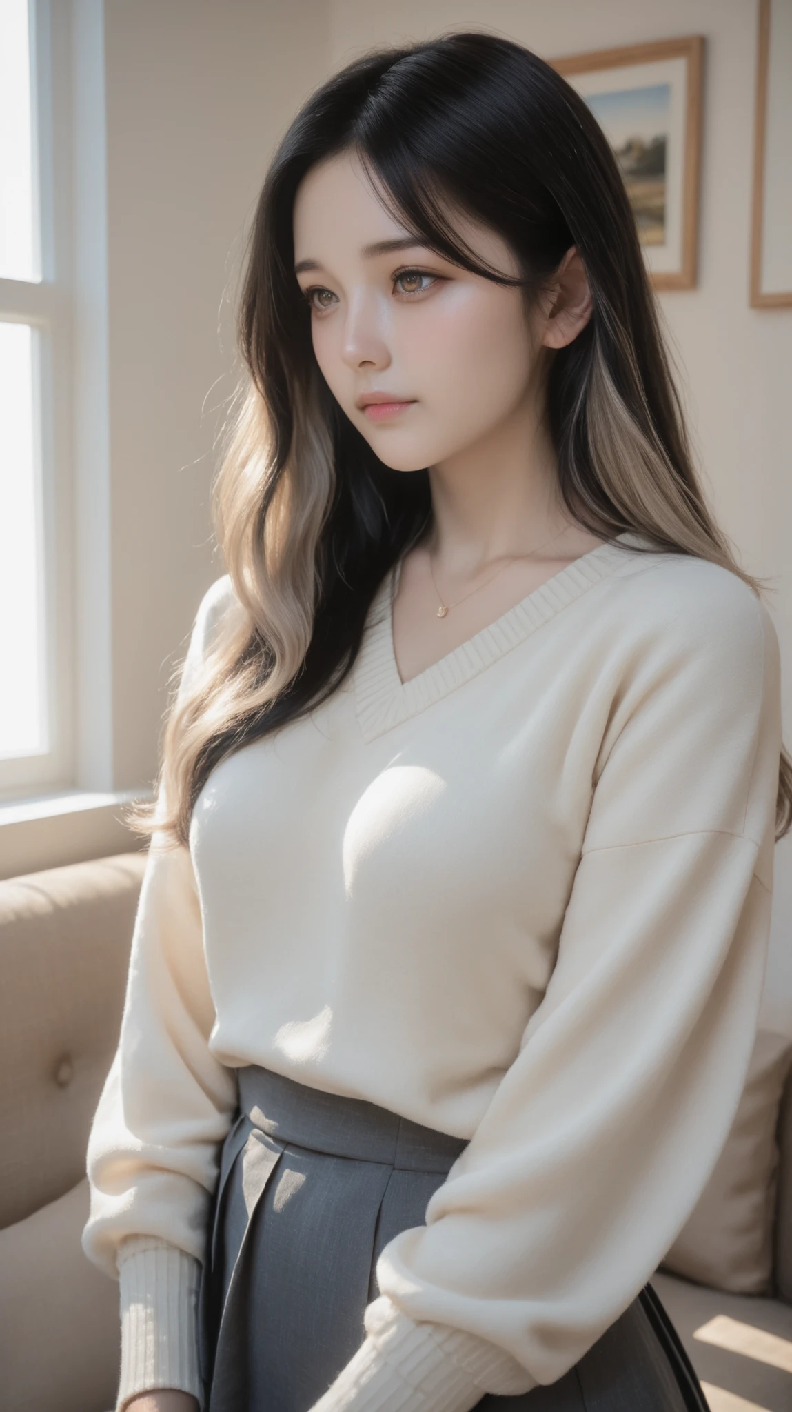A realistic digital photograph of a young japanese girl with absolutely long hair reacheding her hip, silky black hair, bang hair. curl softly. in her early twenties, her breasts are pretty small,
with very long ash beige hair that glows in the morning sunlight and soft brown upturned eyes filled with warmth and calmness.
She has a small graceful nose and a serene, tender expression.
She stands gracefully near a sunlit window in a cozy modern living room,
wearing office casual, a sweater and a skirt of above-knee length that moves lightly with the air.
The morning light gently illuminates her silhouette, creating a dreamy, cinematic feeling.
The scene is filled with natural wooden textures, soft fabrics, and warm golden tones —
evoking peace, warmth, and quiet intimacy.
Cinematic lighting, soft focus, high realism, 8K detailed rendering, morning atmosphere, natural light photography. staring at viewer straight.