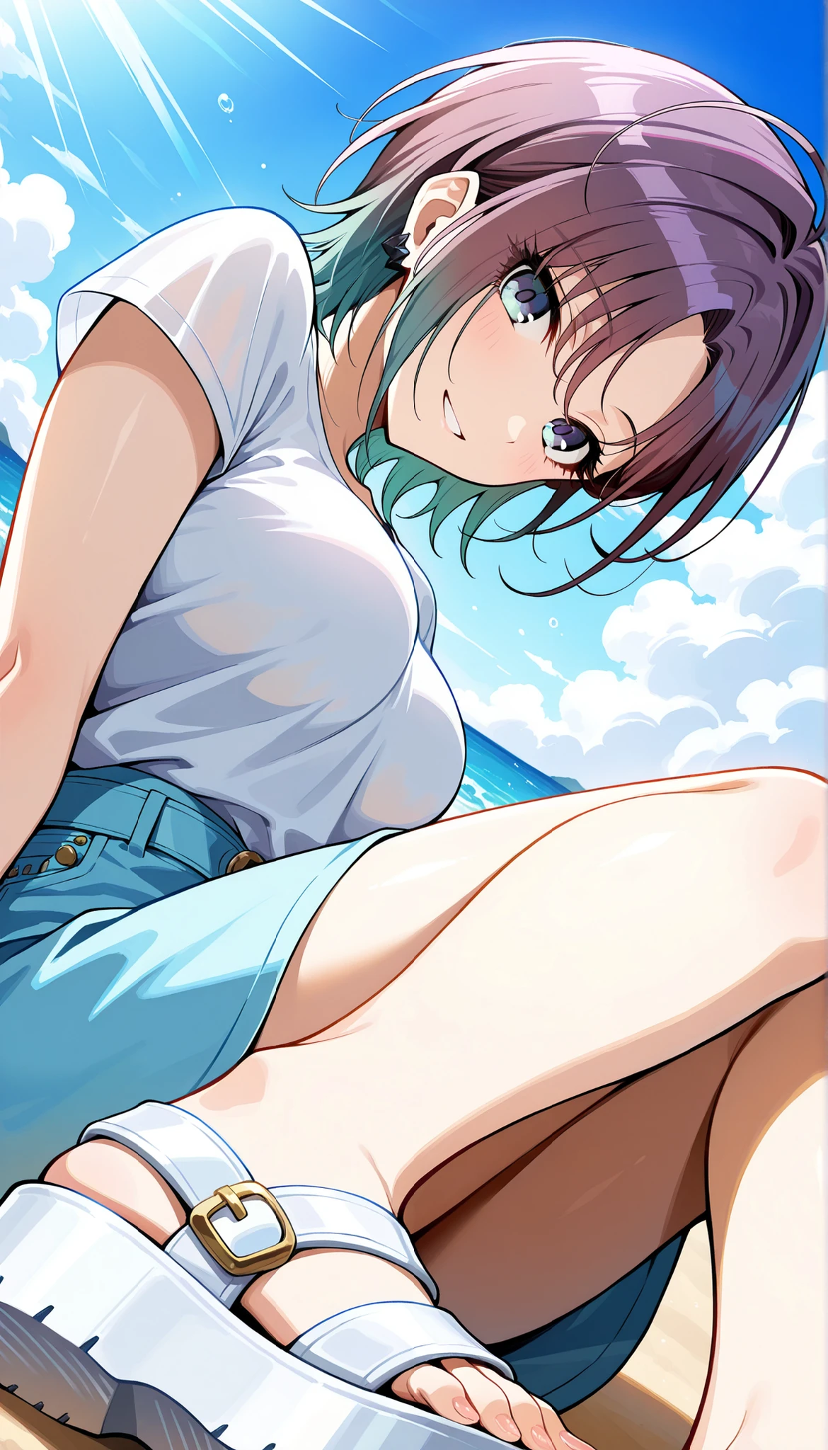 (((Toru Asakura))),(((medium breasts))),light blue skirt,White shirt,beach,short hair,low angle,Ulchan-6500-v1.1, ( RAW photos :1.2), beautiful detailed, very detailedな目 美しい目,beautiful eyes,blue eyes, Large File Size, high resolution, very detailed, best quality, [masterpiece:1.6], Awareness-raising, very detailed, CG, finely, best quality, 8K wallpaper, perfect body shape,very detailed,sit down,White sandals