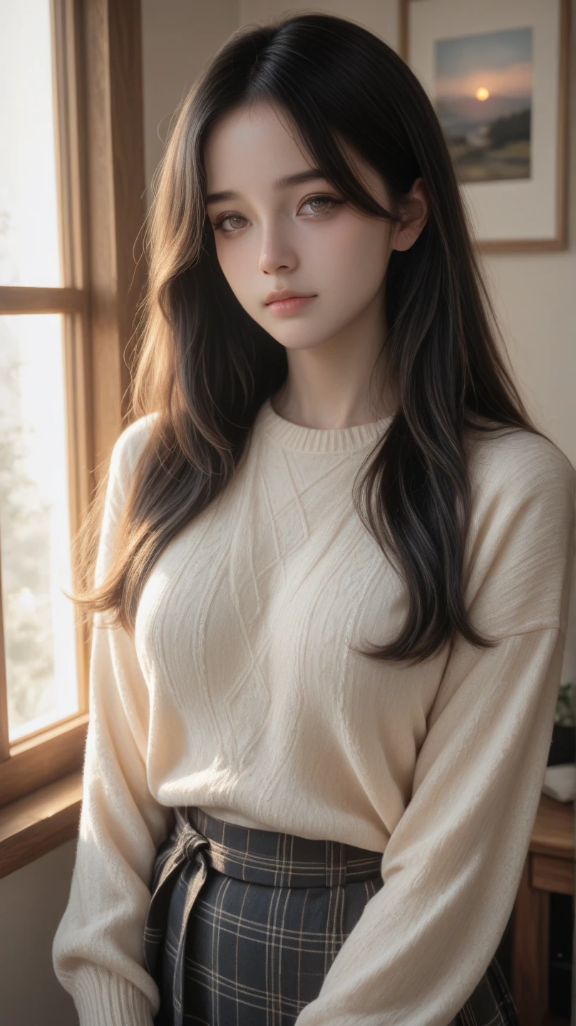 (1girl:1.2), in the bedroom, woman in a fluent skirt, medium gray color, adjacent color matching, elegant temperament, elegant intellectual feeling, high image quality, long hair, fine skin texture and cloth texture, detailed eyes, detailed long eyelashes, double eyelids, portrait photography, focal length 30 mm, aperture F1.2, God perspective, realism, idyllic good time,