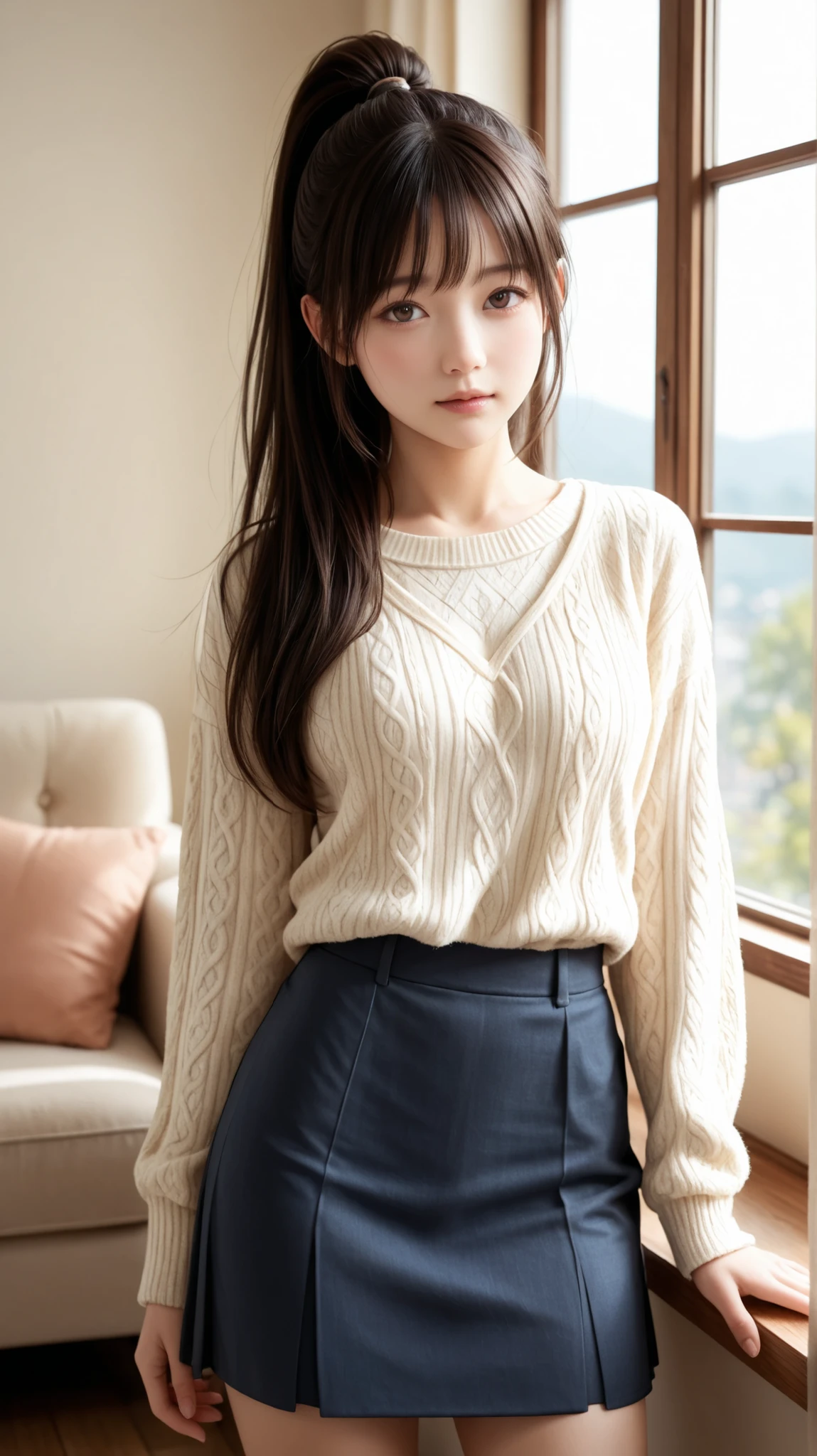 A realistic digital photograph of a young japanese girl with absolutely long hair reacheding her hip, silky black hair, bang hair. curl softly. in her early twenties, her breasts are pretty small, 
with very long ash beige hair that glows in the morning sunlight and soft brown upturned eyes filled with warmth and calmness. 
She has a small graceful nose and a serene, tender expression. 
She stands gracefully near a sunlit window in a cozy modern living room, 
wearing office casual, a sweater and a skirt of above-knee length that moves lightly with the air. 
The morning light gently illuminates her silhouette, creating a dreamy, cinematic feeling. 
The scene is filled with natural wooden textures, soft fabrics, and warm golden tones — 
evoking peace, warmth, and quiet intimacy. 
Cinematic lighting, soft focus, high realism, 8K detailed rendering, morning atmosphere, natural light photography. high ponytail.