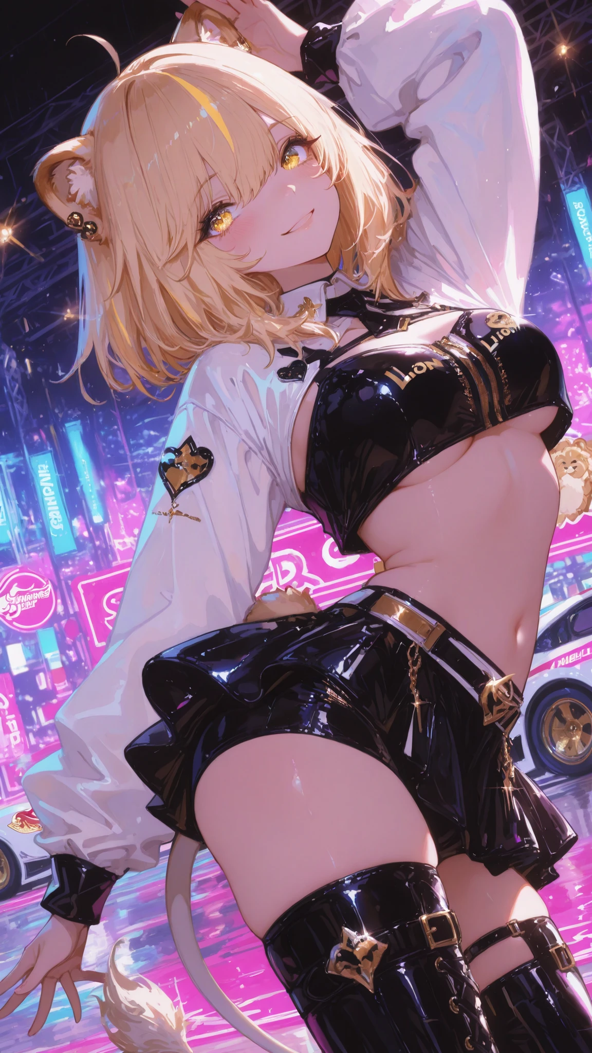 (masterpiece, best quality, ultra-detailed, anime-style, cinematic lighting), a cheerful and energetic anime lion girl, standing proudly with a big bright smile, her eyes sparkling with joy as she looks directly at the viewer.Under boob,
Her hair is long, silky blonde with soft white tips, flowing in a sleek straight style down her back, catching the light with a glossy shine.
She wears a lion-themed race queen outfit: a glossy black-and-gold crop top with sporty accents, paired with a matching ultra-short mini skirt with metallic highlights and sponsor-style logos. The outfit glows under the lights, emphasizing her dazzling and high-energy presence.
lion ears with gold and white fur perk up cheerfully from her head, while her fluffy gold-and-white tail sways playfully behind her, adding a lively and charming touch.
(((dynamic action dance:1.2))). Her glossy thigh-high stockings and metallic racing boots complete the glamorous race queen look.
Background: idol stage under neon lights, 
