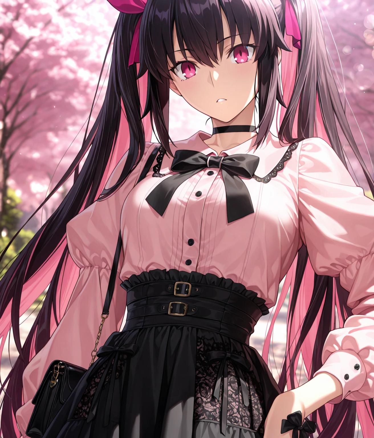 masterpiece, best quality, highres, 1girl, solo, multicolored hair, pink hair, purple eyes, black hair, dress, colored inner hair, hair between eyes, white dress, brown jacket, two-tone hair, jewelry, long sleeves, x hair ornament, bangs, bracelet, very long hair, streaked hair, hairclip, standing, cowboy shot, smile, street, arms behind back, open mouth,
