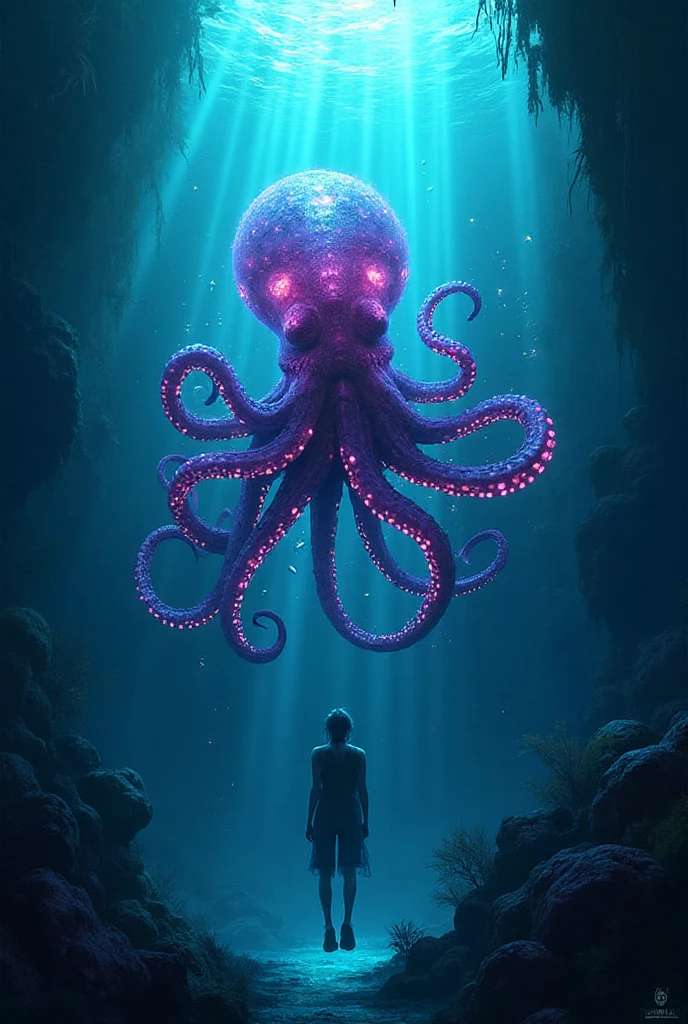 A man standing in front of a giant octopus in a cave - SeaArt AI