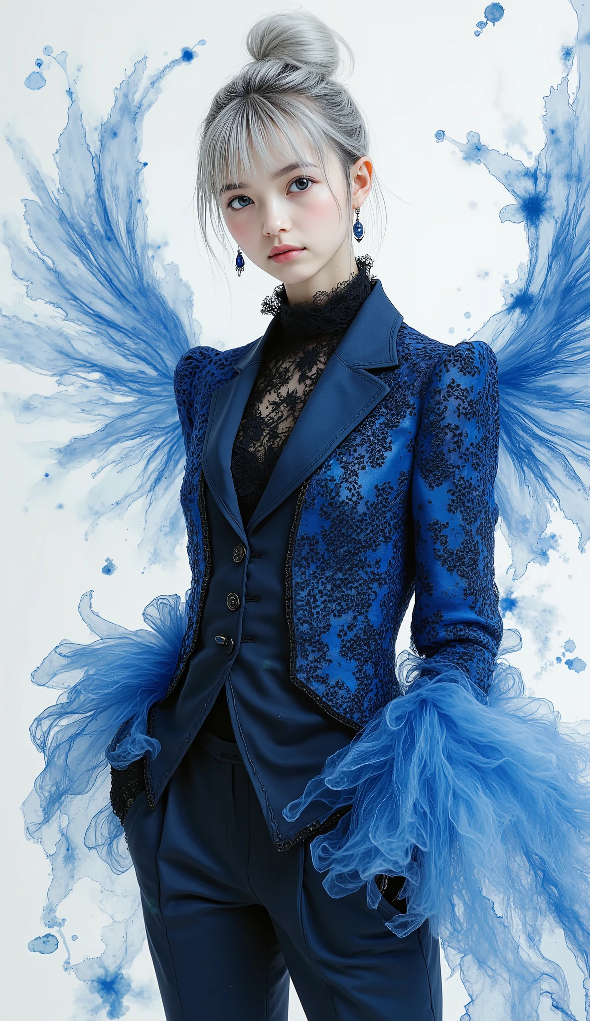 a photorealistic sumi-e illustration with digital illuminate crystal clear sapphire oil, monochrome with emphasis on digital illuminate sapphire blue, stylish angle, surrealism.
a scrawny petite delicate thin 14yo slim girl, She is a genius tailor of Victorian era who weaves people's memories and emotions into clothes, which memories and emotions are made of digital illuminate crystal clear sapphire oil.
she is wearing an abstract blue super sheer lacy tailored jacket on black lace shirt, with an unbuttoned low-rise slacks of super sheer lace. its jacket and unbuttoned low-rise slacks are made of digital illuminate crystal clear sapphire oil. its sapphire oil is abstract haze yet elaborate sheer lacy liquid, elegant yet digital, chaos construction yet geometric fractal.
surrounded by the abstract haze of digital illuminate crystal clear sapphire oil, she spins collecting its abstract haze as people's memories and emotions into her clothes, as a genius tailor. It was a surreal scene.
she is pale silver hair, hair bun, no makeup, pale fairy skin, super skinny, skinny lower abdomen, sapphire blue eyes, elaborate sliver earrings.
She who drawn in sumi-e rendered in fluid sumi-e brushstrokes with dense black like the abyss washes bleeding into translucent grays. the form elongates in dynamic sweeps across a void background.
a contrast between monochrome sumi-e and the digital illuminate sapphire blue is an impressive accent. this is ethereal, picturesque, photorealistic, artistic, poetic, dreamy, ephemeral, spiritual, mysterious, mystical, artisanal, alluring, vixenish. stunning light expression, hyper photorealism, Highest resolution, innocence, neat and clean, masterpiece.