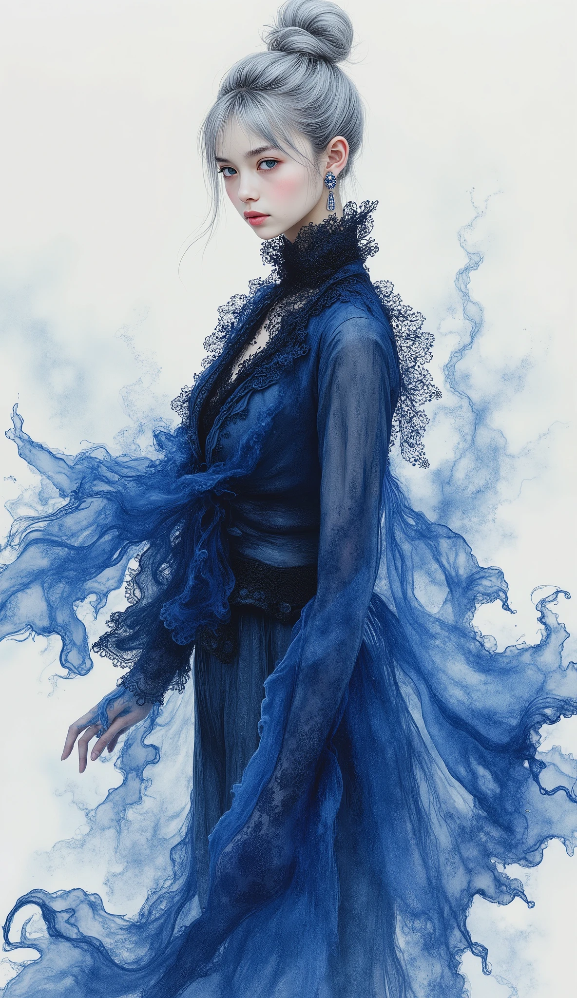 a photorealistic sumi-e illustration with digital illuminate crystal clear sapphire oil, monochrome with emphasis on digital illuminate sapphire blue, stylish angle, surrealism.
a scrawny petite delicate thin 14yo slim girl, She is a genius tailor of Victorian era who weaves people's memories and emotions into clothes, which memories and emotions are made of digital illuminate crystal clear sapphire oil.
she is wearing an abstract blue super sheer lacy tailored jacket on black lace shirt, with an unbuttoned low-rise slacks of super sheer lace. its jacket and unbuttoned low-rise slacks are made of digital illuminate crystal clear sapphire oil. its sapphire oil is abstract haze yet elaborate sheer lacy liquid, elegant yet digital, chaos construction yet geometric fractal.
surrounded by the abstract haze of digital illuminate crystal clear sapphire oil, she spins collecting its abstract haze as people's memories and emotions into her clothes, as a genius tailor. It was a surreal scene.
she is pale silver hair, hair bun, no makeup, pale fairy skin, super skinny, skinny lower abdomen, sapphire blue eyes, elaborate sliver earrings.
She who drawn in sumi-e rendered in fluid sumi-e brushstrokes with dense black like the abyss washes bleeding into translucent grays. the form elongates in dynamic sweeps across a void background.
a contrast between monochrome sumi-e and the digital illuminate sapphire blue is an impressive accent. this is ethereal, picturesque, photorealistic, artistic, poetic, dreamy, ephemeral, spiritual, mysterious, mystical, artisanal, alluring, vixenish. stunning light expression, hyper photorealism, Highest resolution, innocence, neat and clean, masterpiece.