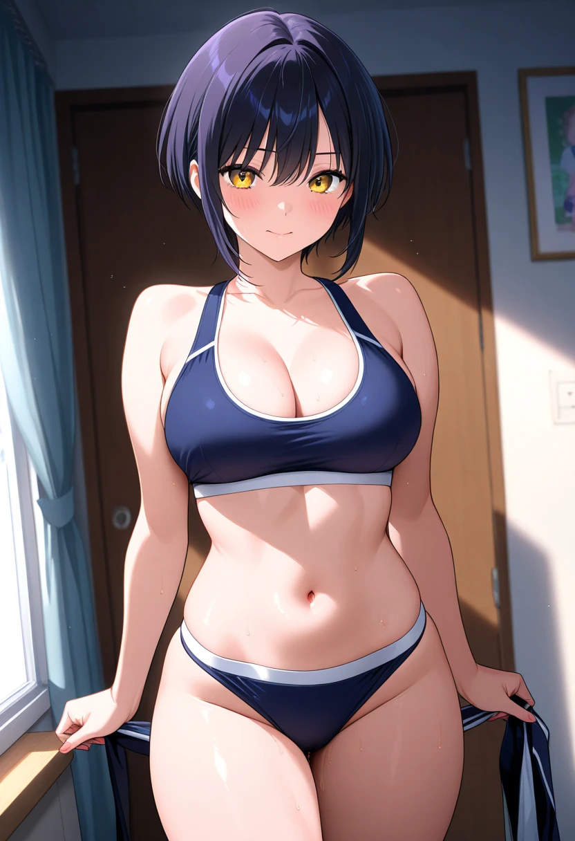 sleeping,1 girl, black eye patch, right eye covering, short hair, blue eyes, short black, black eye patch, 1 girl, Himeno (chainsaw man), masterpiece, best quality, high resolution, ,eye patch, chest, , outdoors, background sea, HMN1, (Micro bikini:1.4), on all fours