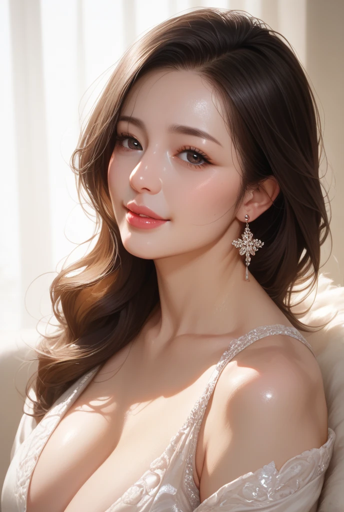 masterpiece, Highest quality, 8K, Official Art, Cinematic Light, Ultra-high resolution, Close-up of face、One Mature Woman, 45 Talent、Round face、Sexy mother, Earrings, Tie your hair back tightly、 View your audience, hoop Earrings, Brown Hair, Brown eyes, Brown background, White T-shirt BREAK Green apron、, Red lips、Detailed face、Fine grain、Detailed gaze、