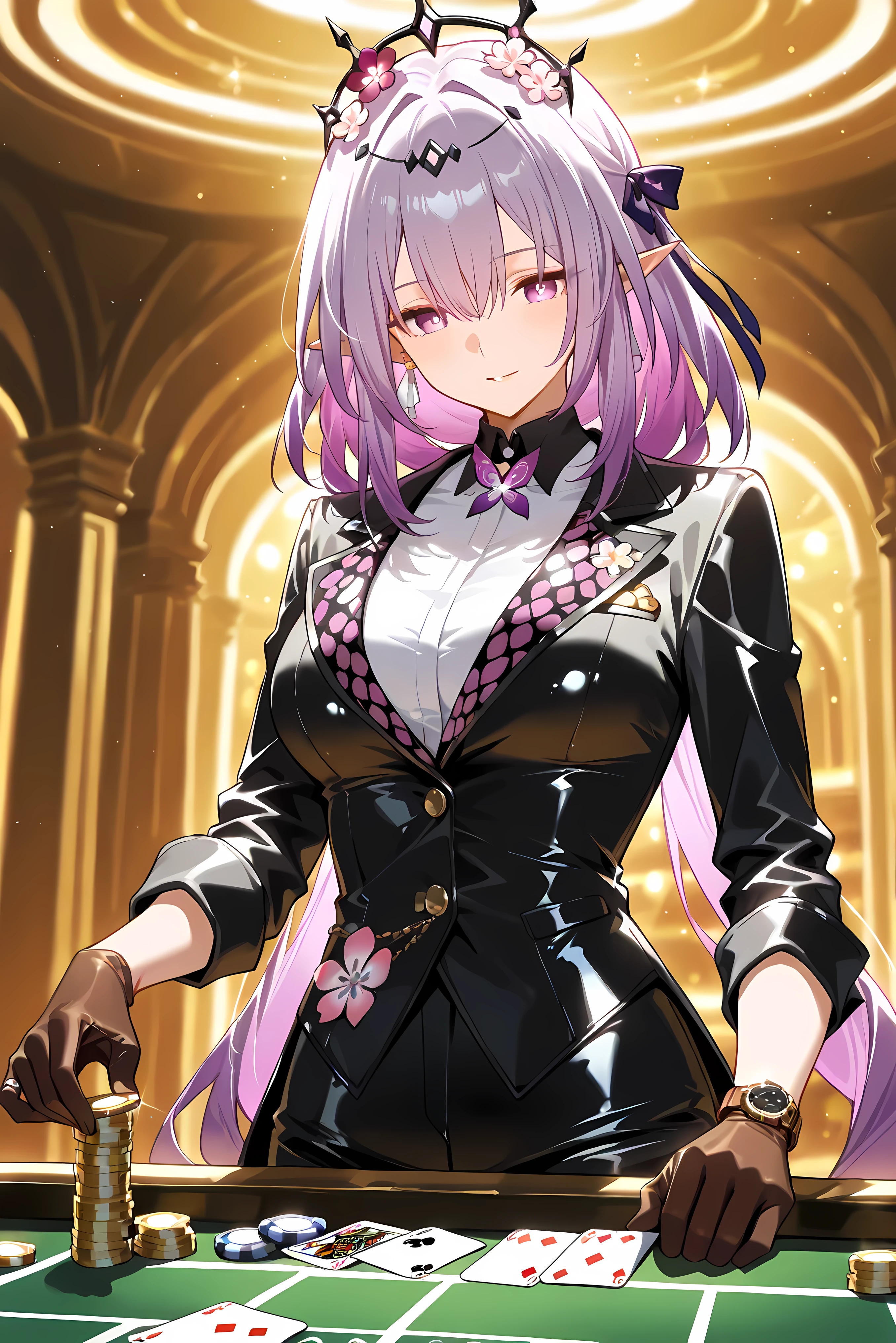 score_9, score_8_up, score_7_up, masterpiece, best quality, very aesthetic, absurdres, tunning image, attractive image, 1girl, solo, adult grown woman, castorice \(honkai star rail\), purple eyes, purple hair, pointy ears, multicolored hair, hair ornament, tiara, pink hair, colored inner hair,flower, medium breasts, masterpiece,best quality,amazing quality, ero404, 5 fingers, alternate costume, underground casino outfit, dark tailored suit, black open-collar shirt, patterned vest or thin coat, leather gloves, classic wristwatch, playing cards detail, casino chip pin, neon-lit smoky underground casino, ultra detailed and noir. holding casino chip pin,