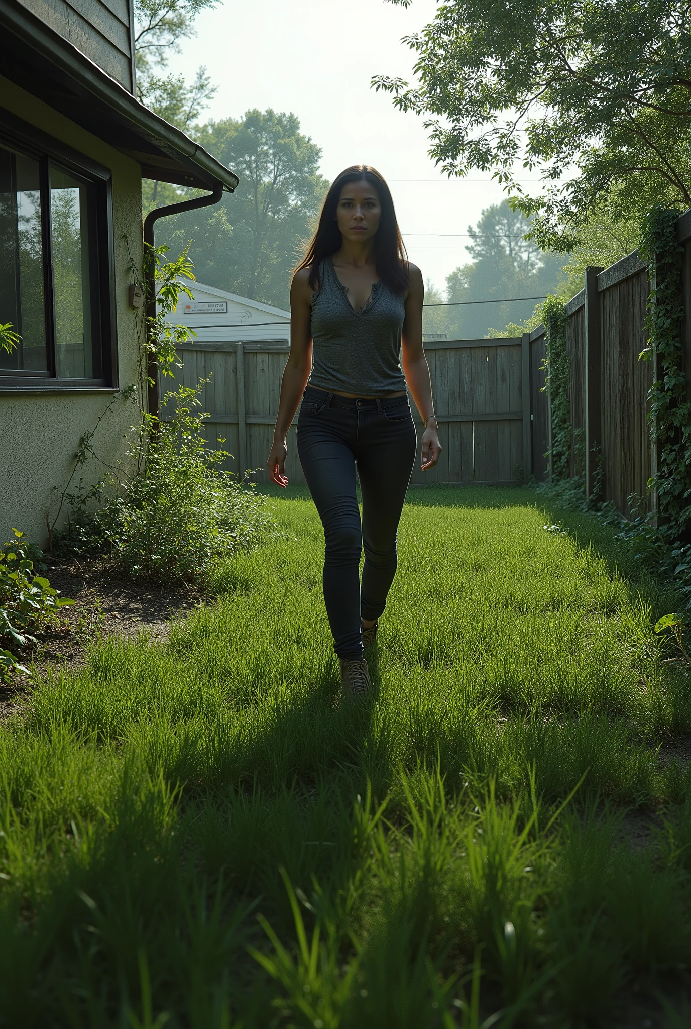 Woman with in The Walking Dead she's in a house in a residential neighborhood, The house has two floors, sliding glass doors and a tree house in the backyard , She's in the backyard and the house in the back