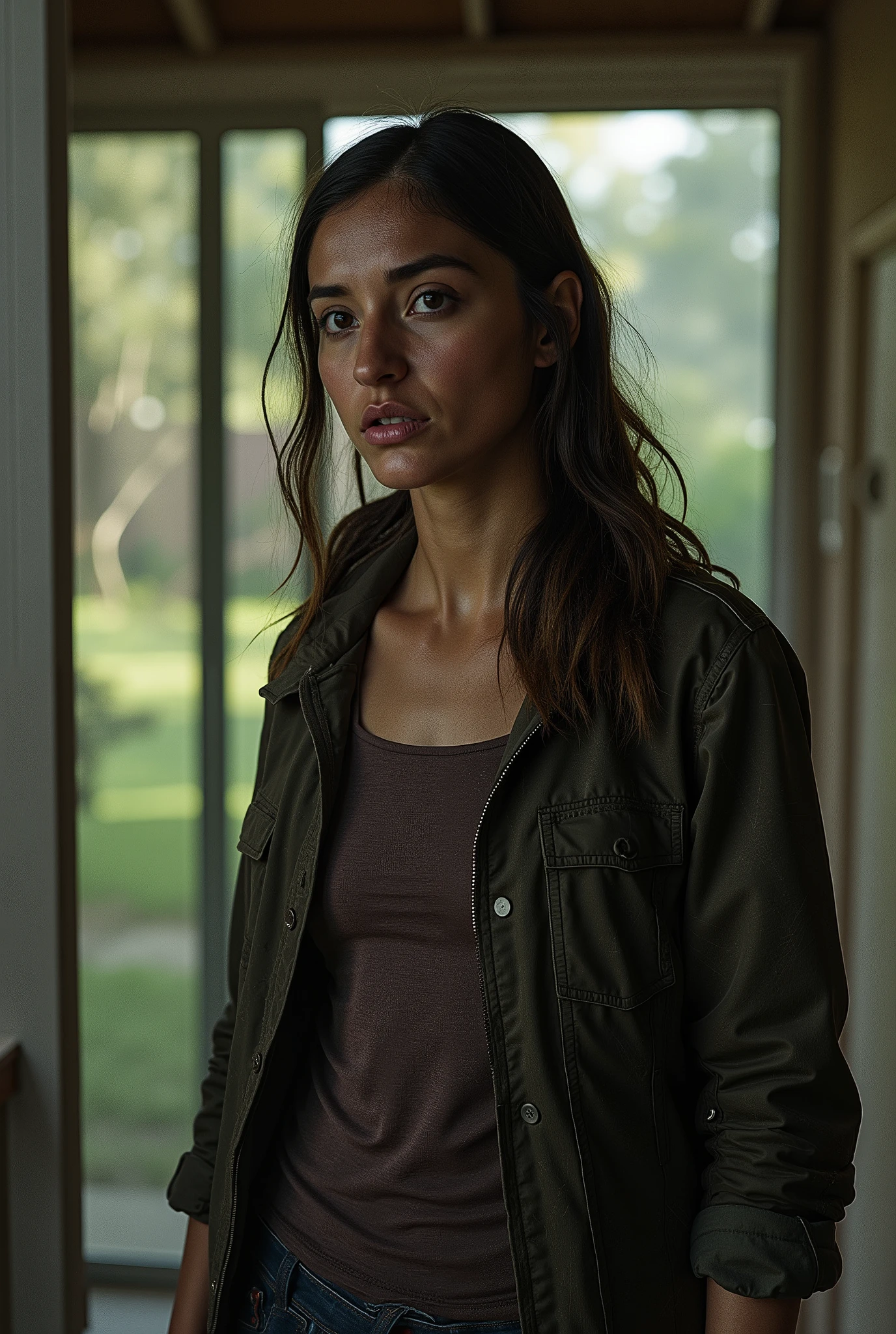 Woman with in The Walking Dead she is in a house in a suburban neighborhood, the house has two floors, sliding glass doors and a tree house in the backyard