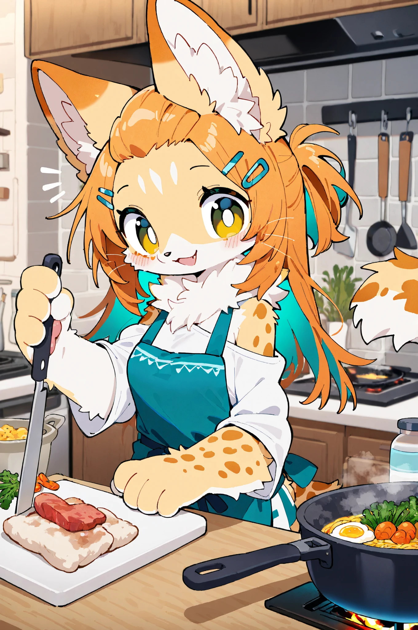 kemoshota, best quality,best resolution,(fluffy anthro furry :1.6),(young :1.6),fox , kemoshota, long hair,wavy hair,messy hair,fox ears,body fur,  apron,beautiful kitchen,romantic light,looking at viewer,desire face,open mouth,  smile,very  eyes,heart eyes,heart expression eyes, navel, short height, short statue, kitchen knife