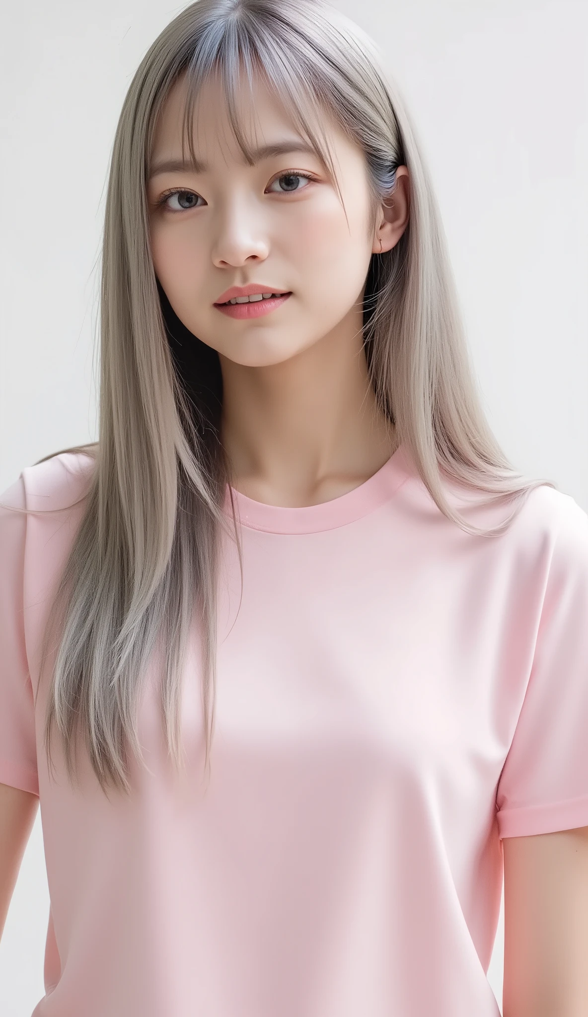 shiny, Beautiful girl wearing a pink roomy t-shirt, white skin, White Hair Fluttering in the Wind. ,very small , Slim, beautiful face, Stunning beautiful straight hair, Sparkling pale blue eyes , long, Silky bangs, A woman with super long hair, Shining silver hair, smiling from her upper body, cute, white background, plain background