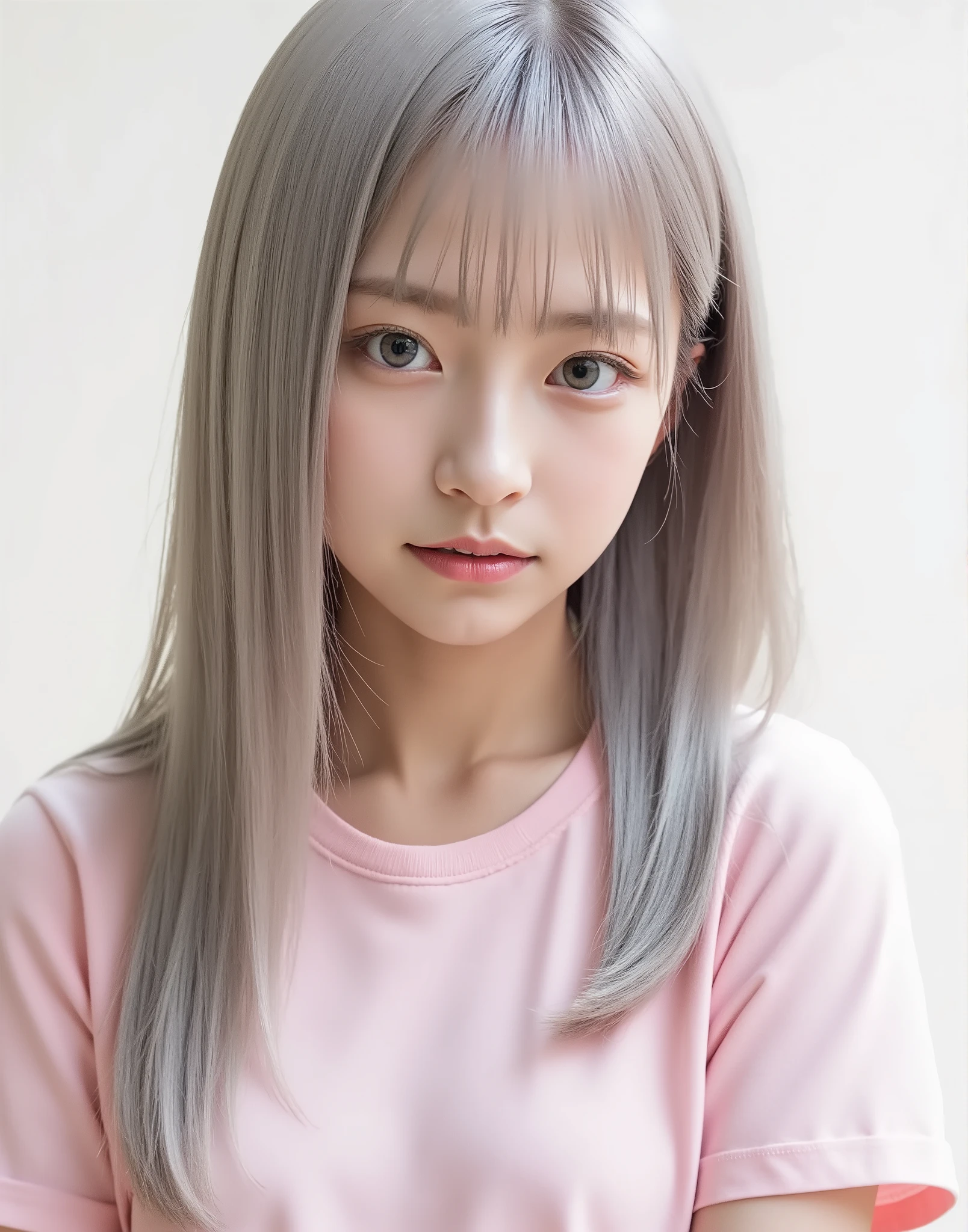 shiny, Beautiful girl wearing a pink roomy t-shirt, white skin, White Hair Fluttering in the Wind. ,very small , Slim, beautiful face, Stunning beautiful straight hair, Sparkling pale blue eyes , long, Silky bangs, A woman with super long hair, Shining silver hair, smiling from her upper body, cute, white background, plain background、portrait、((Focus on eyes))