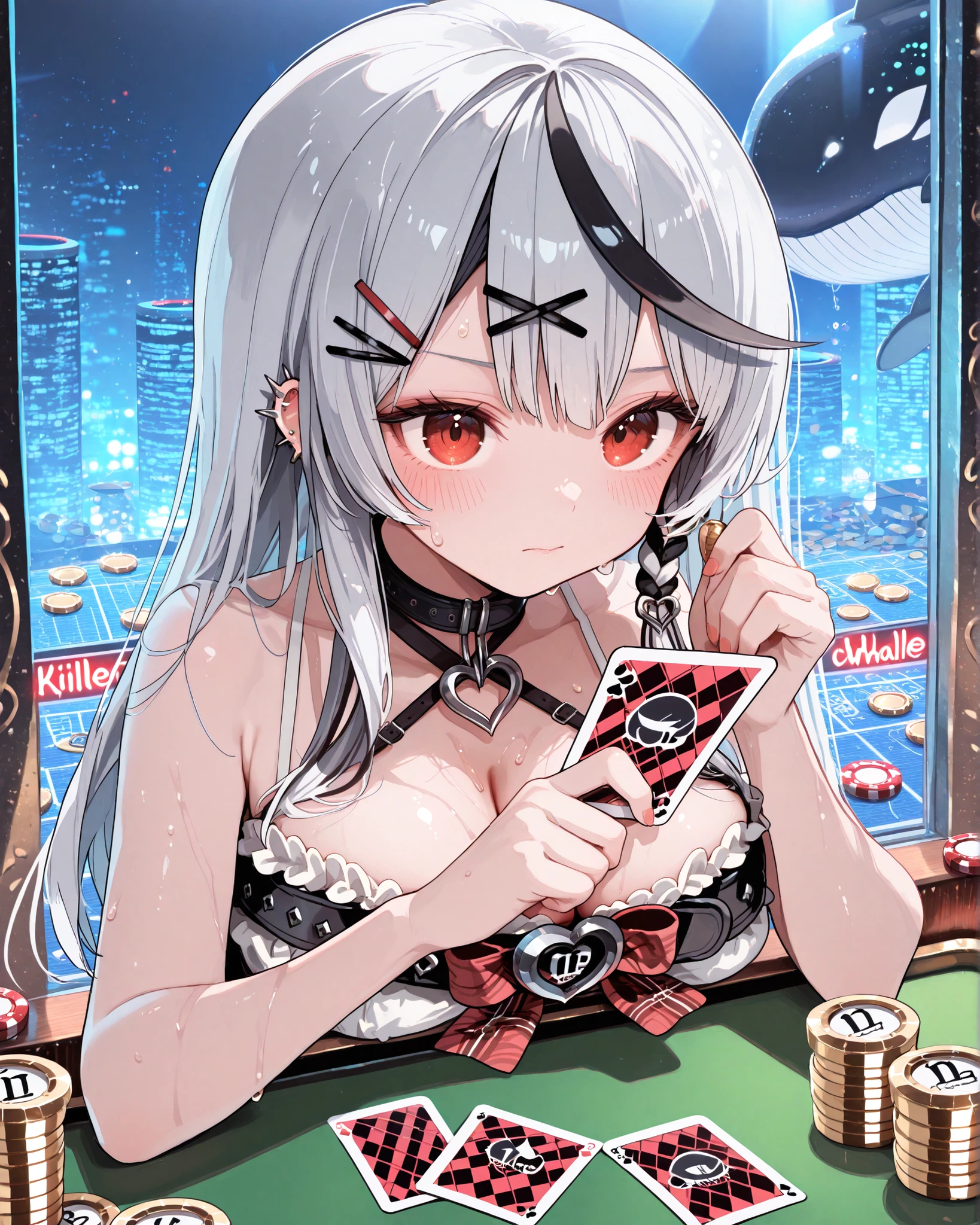 Hololive's Shakasha Kuroe、((masterpiece、excellent quality ))、((cute:1.3))、(Killer whale:1.3、たくさんの Killer whale:1.3)、、(Sakamata Chloe, Orca Idol)、"A cute Killer whale 女の子 from Hololive, Sakamata Chloe ホロライブ, 美しいKiller whaleの女の子,Poker Game、、playing poker in an underground casino、piled up of gold coins、**Hololive, solo shot, casino, poker table, royal straight flush, holding cards, high stakes poker, intense concentration, cool expression, hidden nervousness, beads of sweat, dramatic lighting, focused gaze, serious atmosphere, neon lights, cyberpunk city view through window, detailed background, masterpiece, best quality, cinematic, ultra detailed.**
