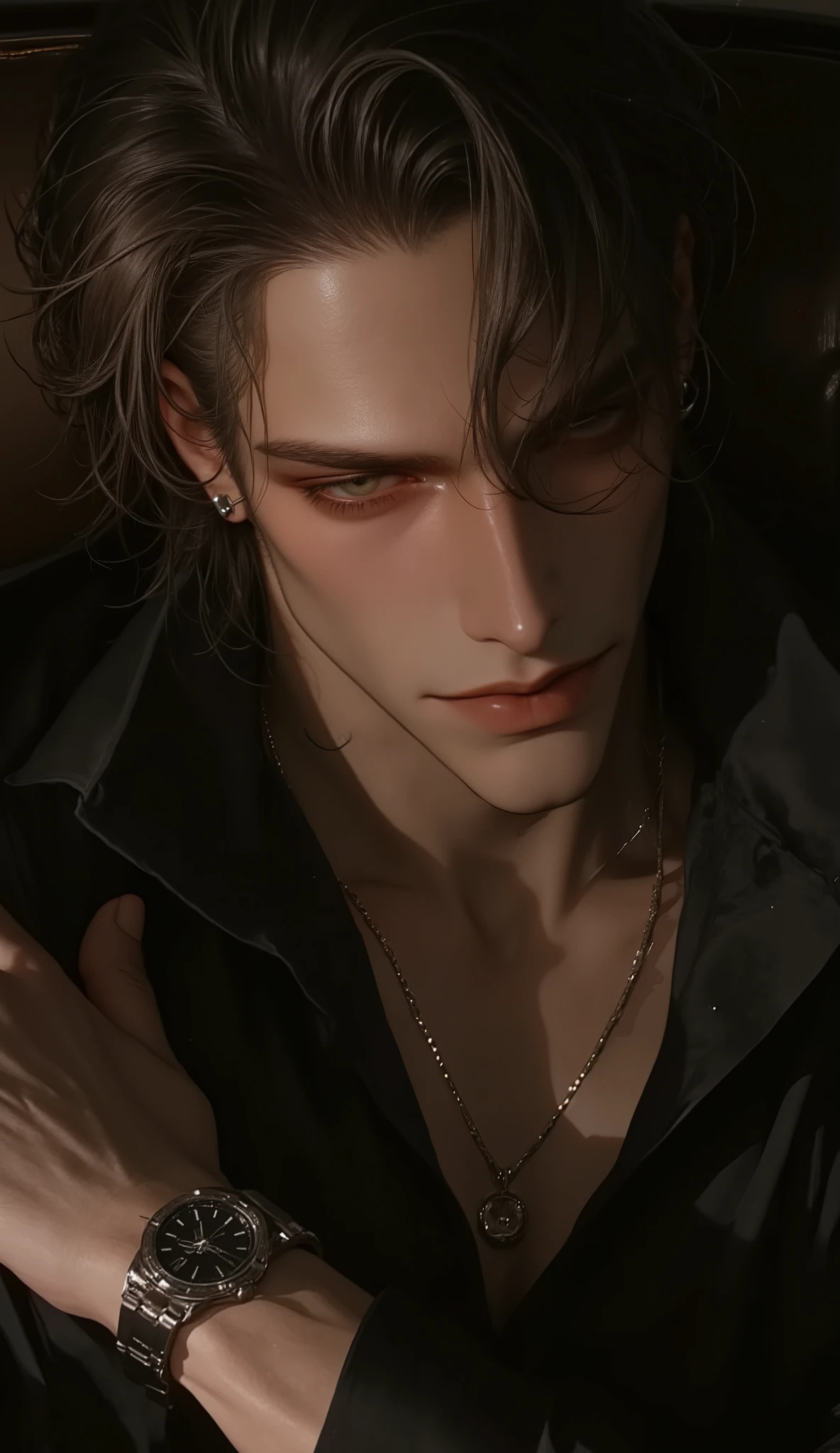 Middle-aged male, half-Thai-Greek, about 50 years old
Adult-style seductive
half-body close-up, camera slightly low angle
Face painted face, deep soft eyes, loose eyebrows, slightly smiling lips at the corners of the mouth
The eyes are like looking at a lover in need of attention.
Shaggy long hair, dark brown hair, tied in half of the head, with a strand of hair falling to the side of the cheeks.
Big Tall, Wide Shoulders, Tight Fit Men Take Care Of Themselves
Wear a black or dark gray shirt. Unbutton the top 2—3 beads.
Noticeable neck and collarbone. Expensive goatee fabric
The sleeves are slightly folded up. The cuff is strong.
Wear a silver or matte black metal luxury watch.
A slightly leaning posture, like an approach
The shoulders are relaxed. One hand may rest on the lap or the edge of the sofa.
Gentle dominant mood + needy affection
Background:
luxury penthouse interior at night
Dark leather sofa. Mirror wall overlooks the city at night
Warm light from the side lamp gives an intimate atmosphere, cozy, high-end
โทนภาพ cinematic, soft shadow, shallow depth of field
Style:
ultra-detailed, realistic, cinematic lighting, high resolution, mature male charm, intimate mood