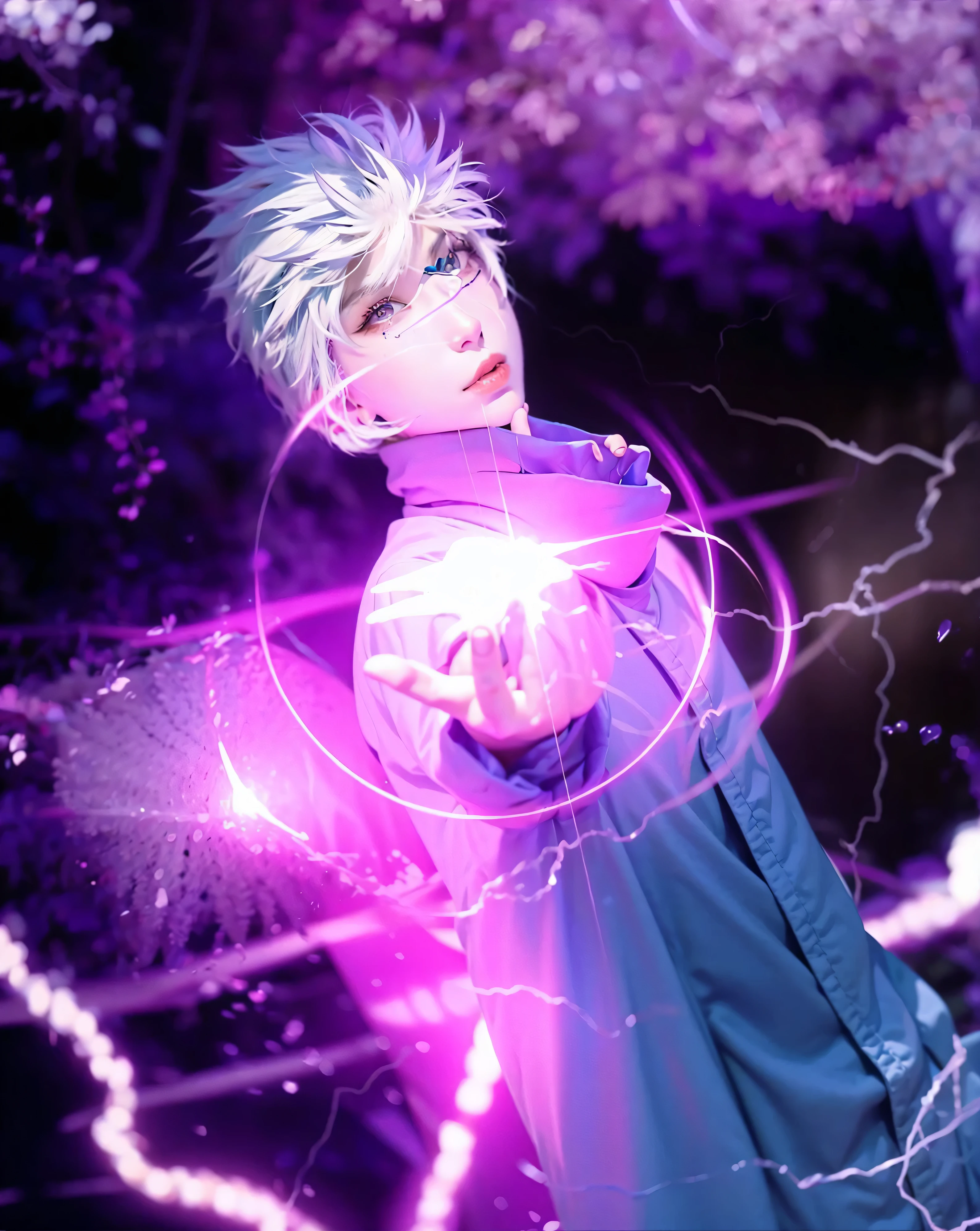 ((SATORU GOJO_JUJUTSU KAISEN)) ((photorealistic)),(highlight hair)), Light reflection, (( HD )),((upper body)), (((best quality, masterpiece))), (masterpiece) (best quality) (detail) (8k) (HDR) (wallpaper) (cinematic lighting) (sharp focuasterpiece, best quality: 1.1), Real life adaption of this character, realistic outfit, realistic shadow, realistic light, realism, hyper realistic, realistic background,realistic hair,(photorealistic:1.2), (masterpiece: 1.2), (best quality: 1.3), (clear details: 1.3), ((((ultra-detailed)))), ((detailed eyes)), (extremely detailed face:1.4), (highly detailed eyelash:1.6), (Masterpiece, Best quality, best shadow), (detailed background),(masterpiece, best quality:1.2)(detailed face:1.3)A young Asian person cosplaying a character from an anime or manga, likely in their late teens to early twenties, is positioned slightly to the left of the center. They wear a light blue and purple jacket with the collar up, and a white face mask, while also wearing a white wig, styled to resemble the character's hairstyle. The character is holding out their right hand towards the viewer, with a glowing ball of energy emanating from it. Surrounding the character is a vibrant, swirling background of deep purple and dark gray, filled with dynamic lightning bolt effects, suggesting the use of a powerful technique or skill. The lighting is focused on the character's hand and the energy ball, creating a dramatic, mystical atmosphere. The perspective is a medium shot, with a slight upward angle, emphasizing the action and dynamic composition. The overall style is stylized, hinting at action and fantasy themes.