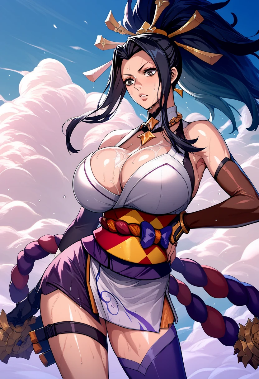 (Surreal,32k,RAW photos:1.1),(High Detail Skin:1.1), 8K Ultra HD, Digital SLR Camera, high quality, Film Grain, (cosmetic, mascara:1.1),(Videl Dragon Ball :1.4), Lips,(Gentle\Lips\), ,(Cyberpunk ruins dungeon ruins alley background :1.4 ), (Mini skirt white :1.4), (Shiny white tights/????????:1.4),(Japanese white kimono :1.4), 
(Shiny, translucent clothing:1.4 ), Dragon Ball, Bbchichi, single Hair Bun, Hair Bun, (Bangs:1.4) , Side lock, black eyes, earrings,( Orange scarf:1.4) , Orange scarf, Purple dress, sleeveless, bracelet, ????????????, ,(((Full and soft ???????,)))(((????????????))) (((Cleavage))) (Perfect curvy figure),
(Looking at the audience, portrait:1.1),, 
 (plump:1.1) ,  (Chubby:0.1),(Soft neon lights:1.1),Dark theme, extremely clean、A modern and well-organized place, (Dynamic cowboy pose), (Perfect anatomical structure :1.4), (Videl Dragon Ball V2.1), ,( Cyberpunk 2.1),( Mini skirt white :1.4