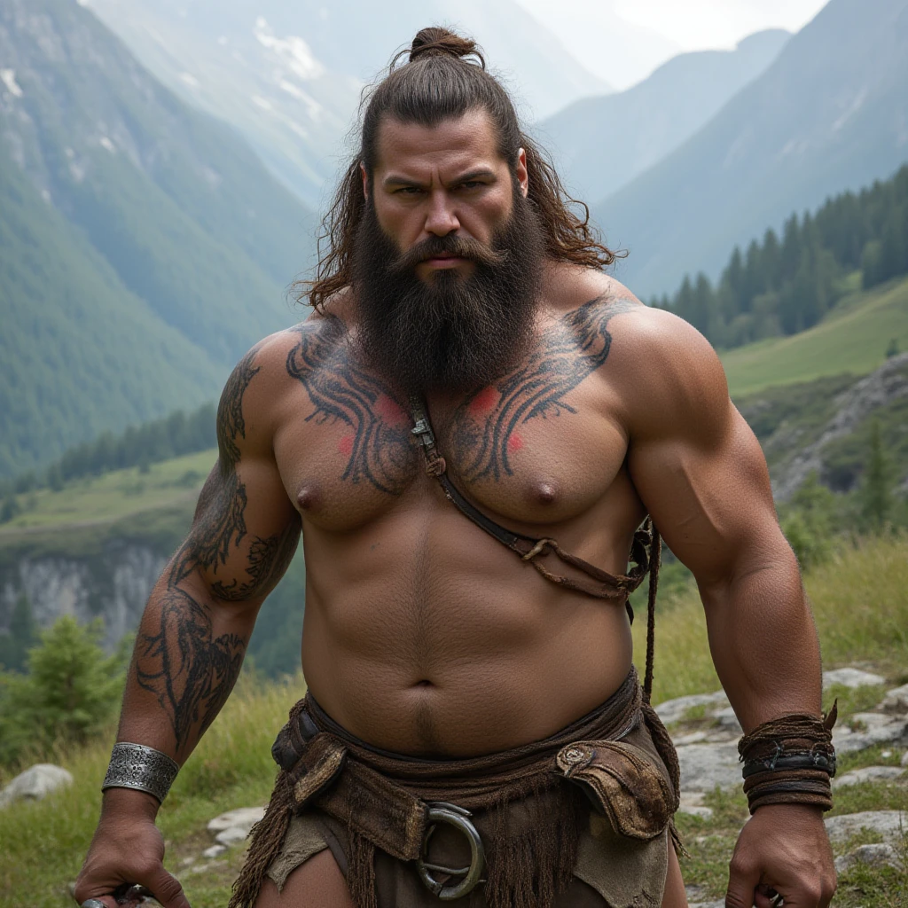 masterpiece, detailed, intricate, epic fantasy, colorful, full body, slight angle, man, 60 years old, hulking, brawny, ankle wraps, very hairy ,  revealing outfit, receding hairline, smirk, mercenary, blades, big ancient city gates, pointing away, depth of field, particle effects, high quality shadows