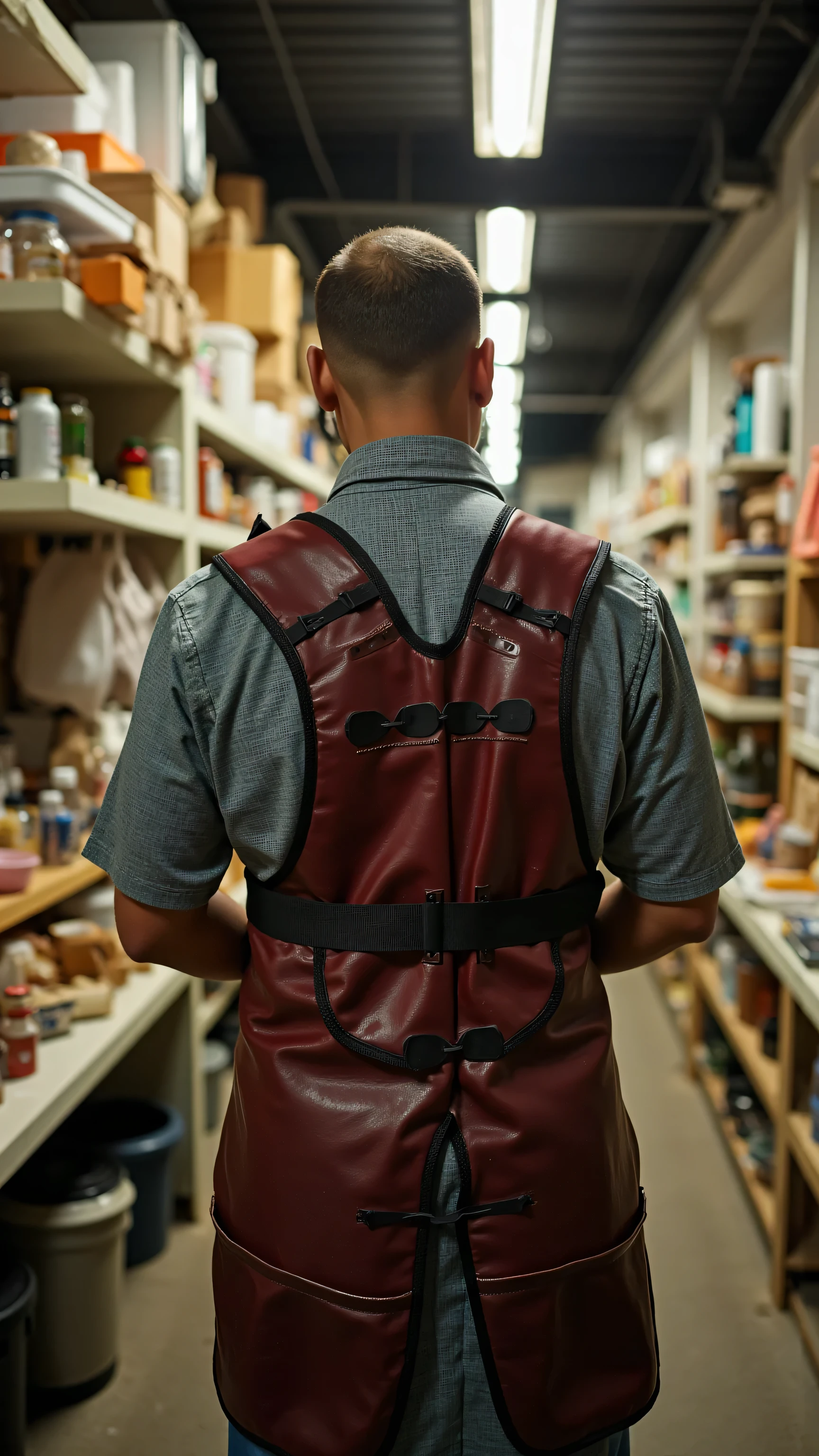 Low-angle, early-morning industrial corridor; a single worker-priest tightening a leather-and-latex apron harness, mirror-polished sheen catching sodium vapor light; straps under tension, tool seals hanging like prayer tokens; atmosphere humid, quiet, reverent.
