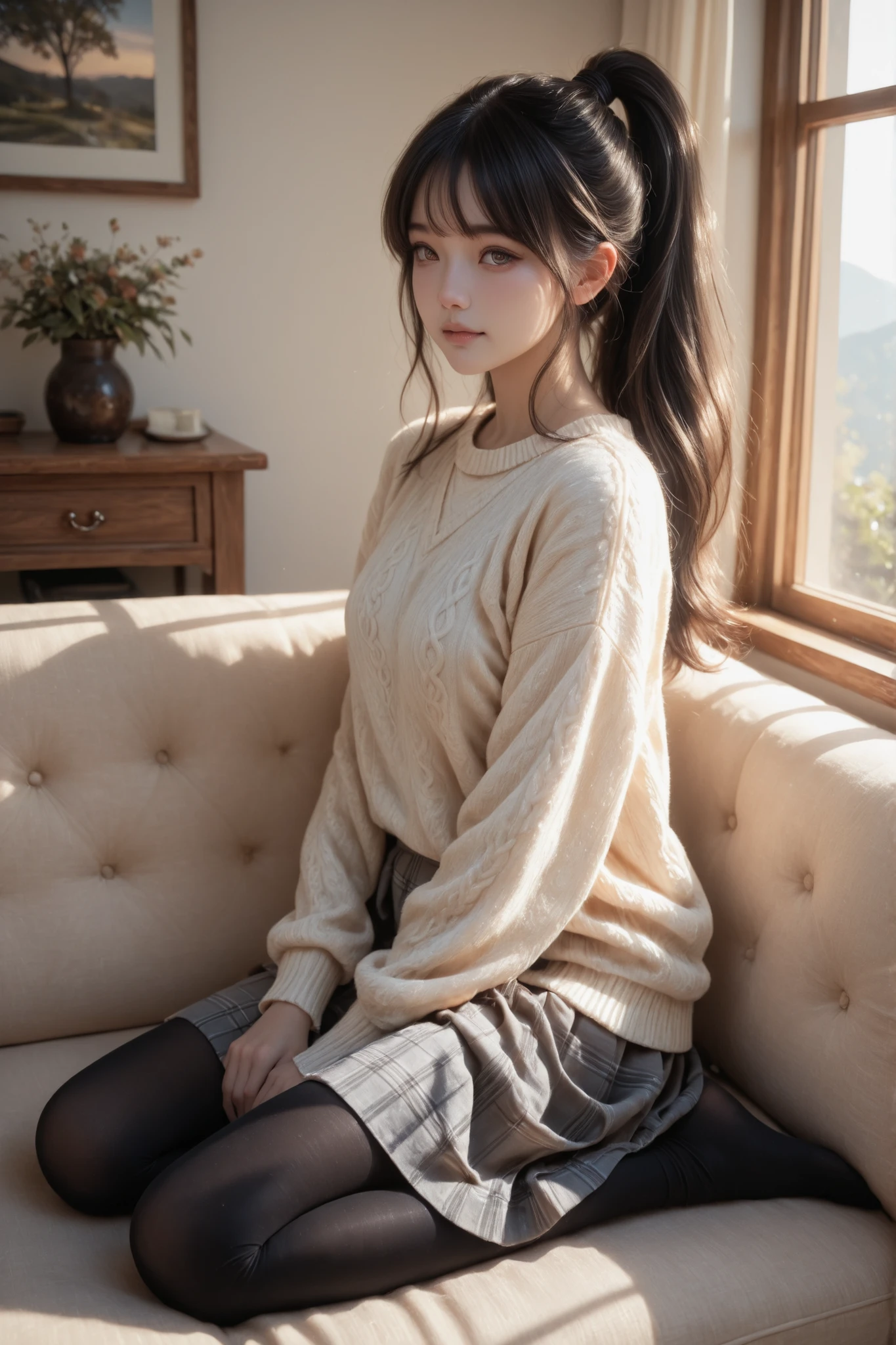 A realistic digital photograph of a young japanese girl with absolutely long hair reacheding her hip, silky black hair, heavy bang hair. curl softly. in her early twenties, her breasts are pretty small,
with very long ash beige hair that glows in the morning sunlight and soft brown upturned eyes filled with warmth and calmness.
She has a small graceful nose and a serene, tender expression.
She sits on the sofa with relaxing gracefully near a sunlit window in a cozy modern living room,
wearing a sweater and a skirt of above-knee length that moves lightly with the air. black pantyhoses.
The morning light gently illuminates her silhouette, creating a dreamy, cinematic feeling.
The scene is filled with natural wooden textures, soft fabrics, and warm golden tones —
evoking peace, warmth, and quiet intimacy.
Cinematic lighting, soft focus, high realism, 8K detailed rendering, morning atmosphere, natural light photography. high ponytail. full body.