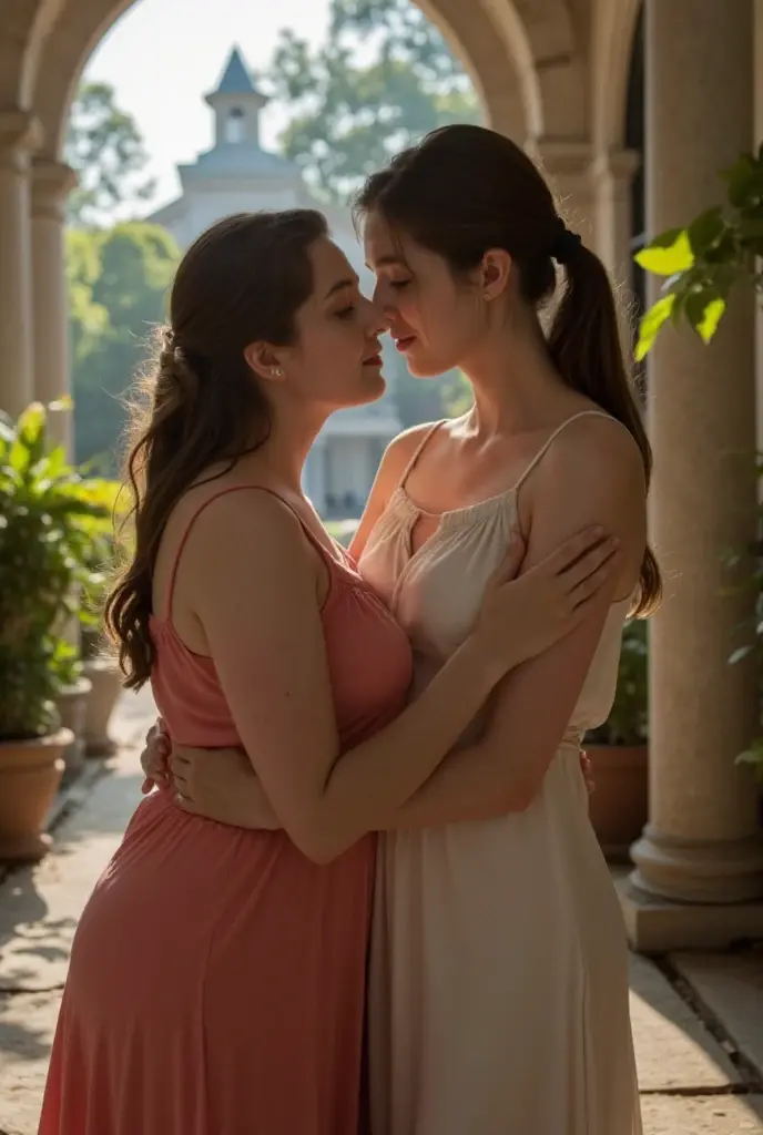 1960s Girlfriends , masterpiece, portraiture,  together, liberated, kneeling up, mutual , sensual  touching of , coy smile, Summer 1965 Paris, public park, facing each other, threequarters or profile view, colour analog photography, grainy film, light freckles on face and breasts, skin glistening with light sweat, blonde and brunette,