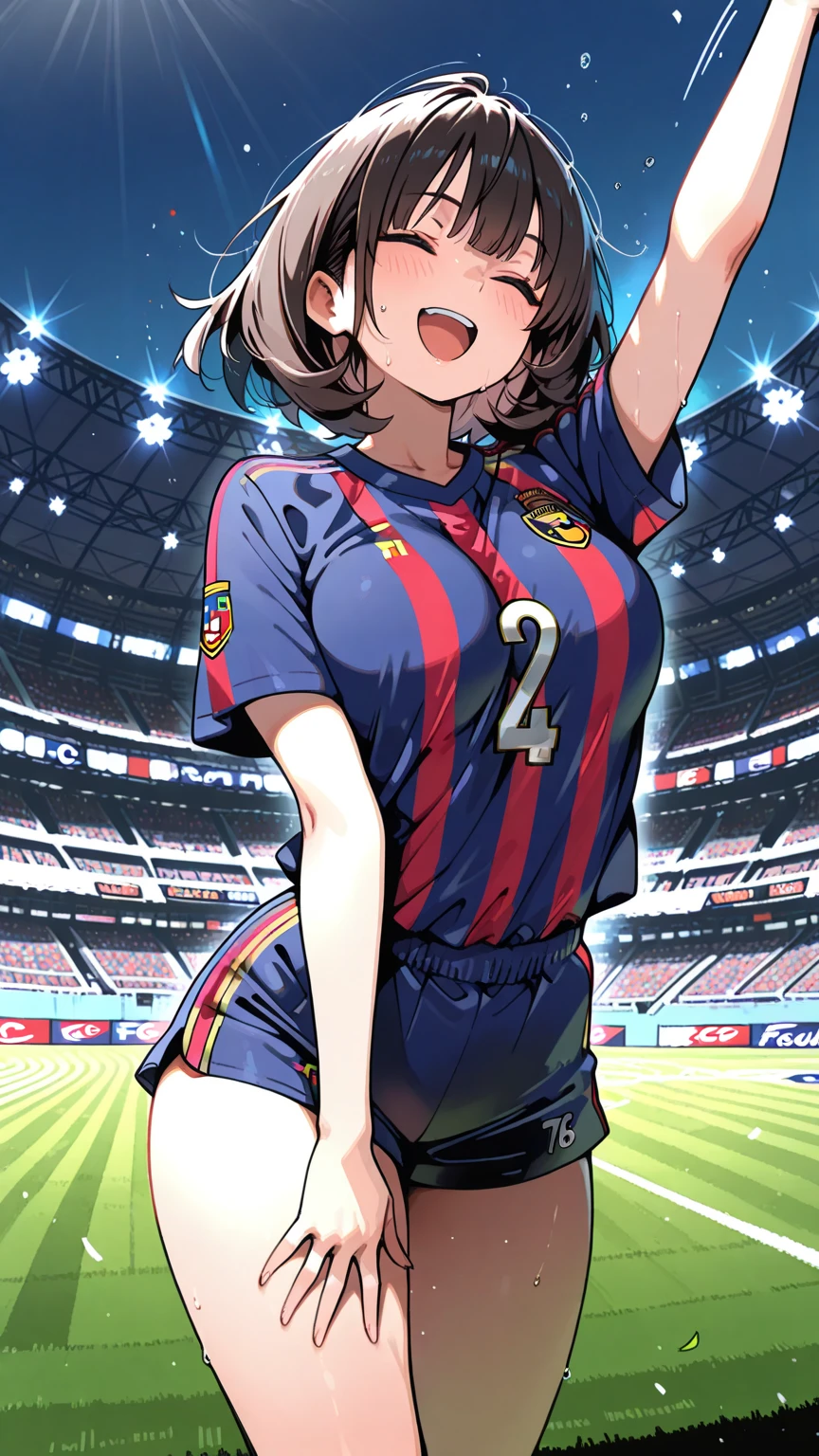 Black anime girl, black hair tied up, wearing blue and red and white soccer kit, wearing soccer boots, on the stadium, kicking ball, nike soccer kit, blue, long tied hair