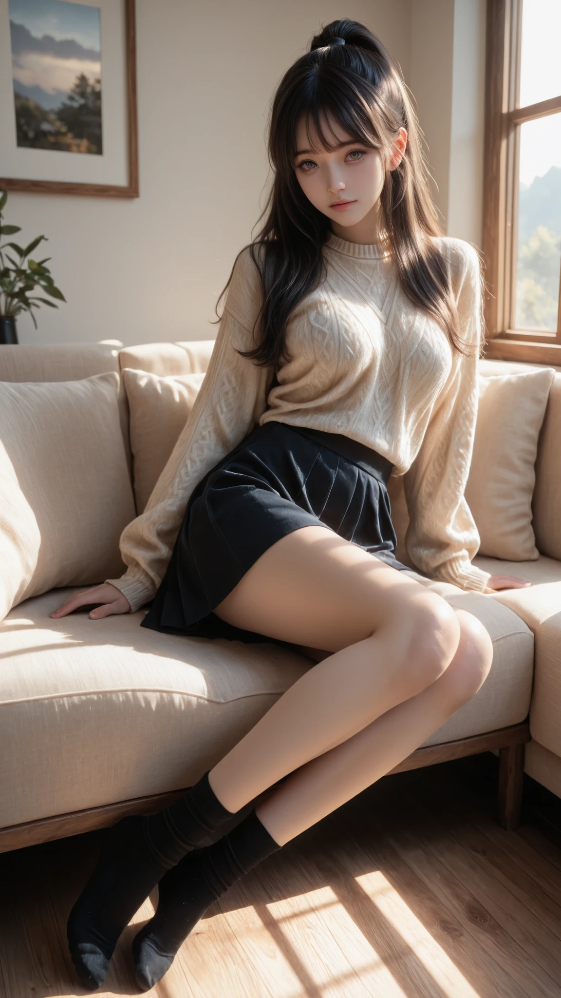 A realistic digital photograph of a young japanese girl with absolutely long hair reacheding her hip, silky black hair, heavy bang hair. curl softly. in her early twenties, her breasts are pretty small,
with very long ash beige hair that glows in the morning sunlight and soft brown upturned eyes filled with warmth and calmness.
She has a small graceful nose and a serene, tender expression.
She sits on the sofa gracefully near a sunlit window in a cozy modern living room, staring at a viewer straight,
wearing a sweater and a short skirt that moves lightly with the air. black pantyhoses.
The morning light gently illuminates her silhouette, creating a dreamy, cinematic feeling.
The scene is filled with natural wooden textures, soft fabrics, and warm golden tones —
evoking peace, warmth, and quiet intimacy.
Cinematic lighting, soft focus, high realism, 8K detailed rendering, morning atmosphere, natural light photography. high ponytail. full body.